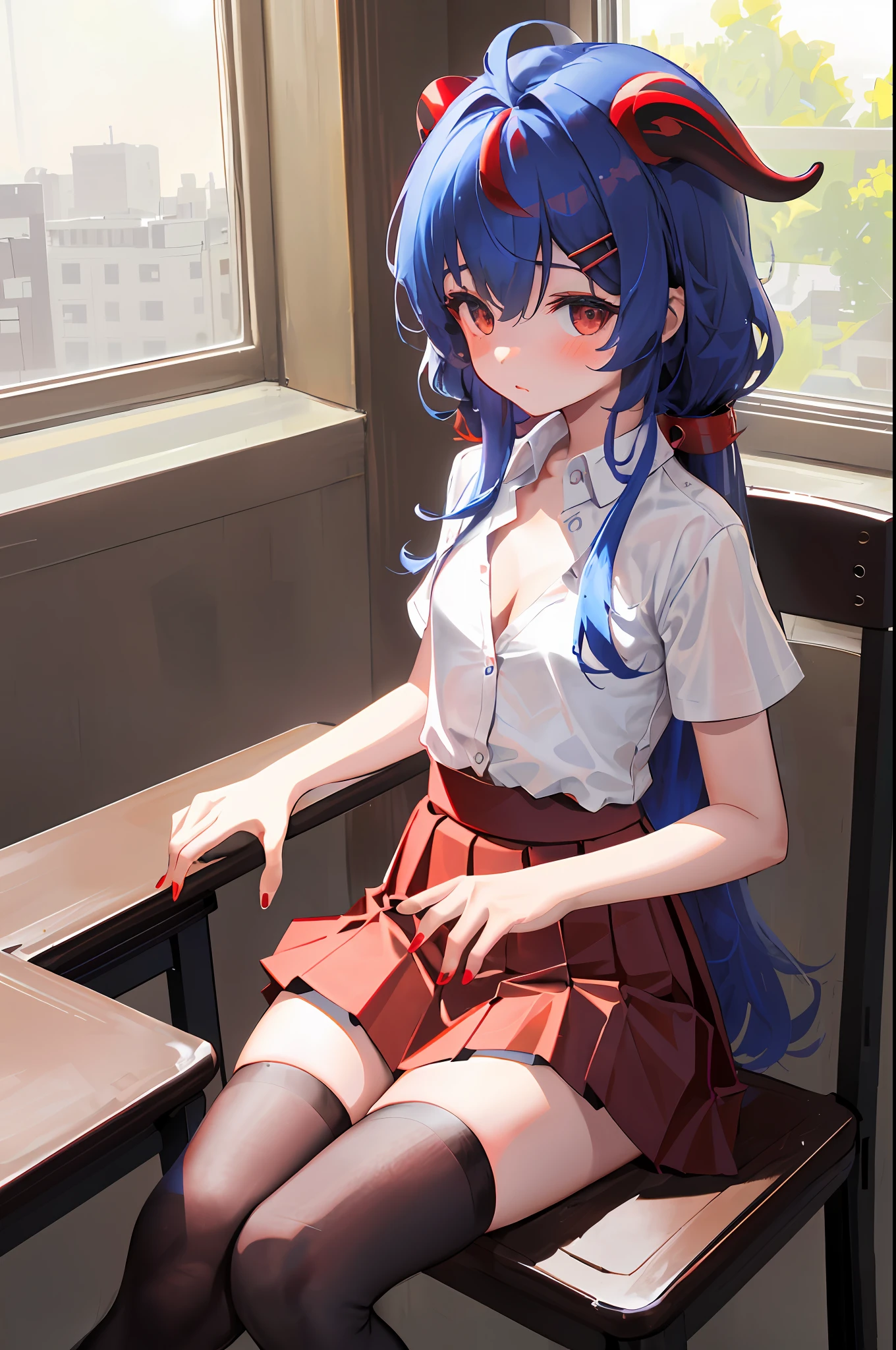 Ganyu, ??? version, ???, loli, 1girl, solo, ((white shirt)), black thighhighs, flat chest, cleavage, school uniform, classroom, Red skirt, brown logo on chest,(red pleated skirt), school, hair between eyes, cute hair clip, small breasts, long hair, looking at viewer, blue hair, blue short nails, solo, thighhighs, thighs, long hair, ((masterpiece)), sitting, chair, desk, window, indoor, horn, blush, sexy pose, indonesian ??? school uniform SD, ((red skirt)), red nectie, ((horn)), short sleeve,