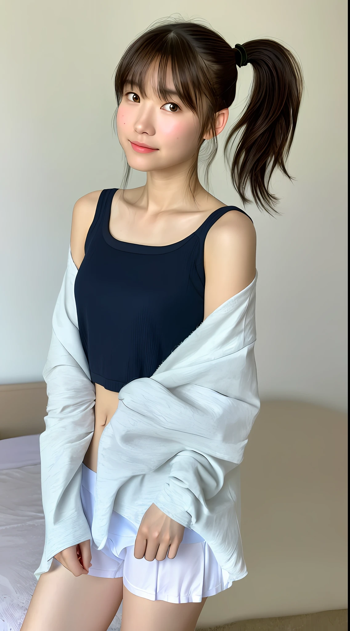 Realistic photos of (1 cute star) shoulder length hair, ponytail, light makeup, bangs, (small), clear facial features, 8K high resolution, sharp and realistic details, full body, fair skin, (white skin) in my room, changing (in underwear), changing clothes, f/4.0, 135mm, fujifilm, jpeg artifact, dithering, UHD, masterpiece, blur, girl, underwear, camisole, white,