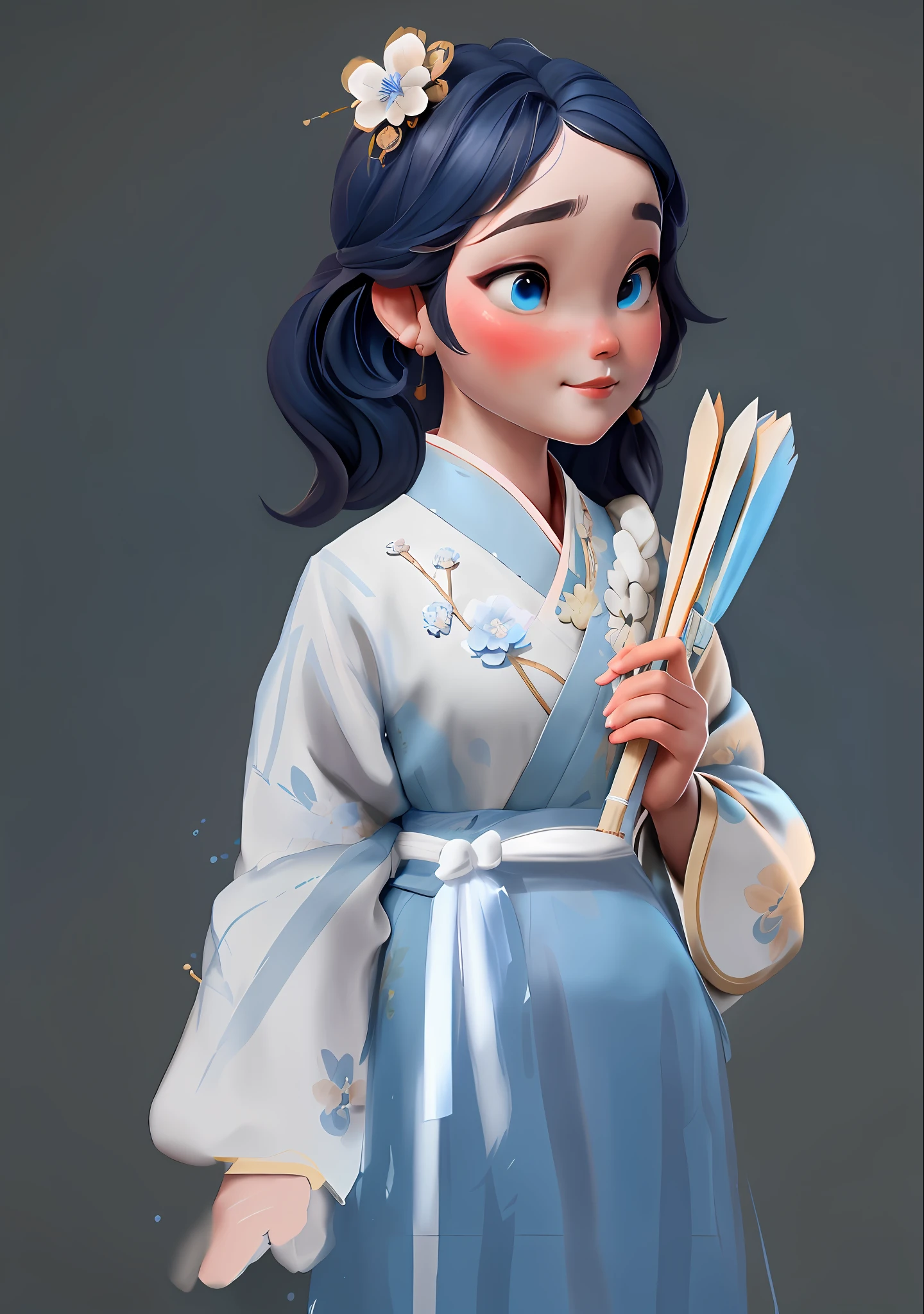 There is one wearing a blue dress, (masterpiece: 1.5), (best quality: 1.5), 3dmm, high resolution, high detail, masterpiece, best quality, focus, eyes leaking out, facing the audience, cute, white and blue Hanfu, Chinese, clean background, brush, holding a fan, head close-up, super close-up, contour shadow, gentle intellectual sister who likes classical Chinese culture, has a lot of research on illustration and tea ceremony. I like to wear Hanfu and tie my hair with hairpins.