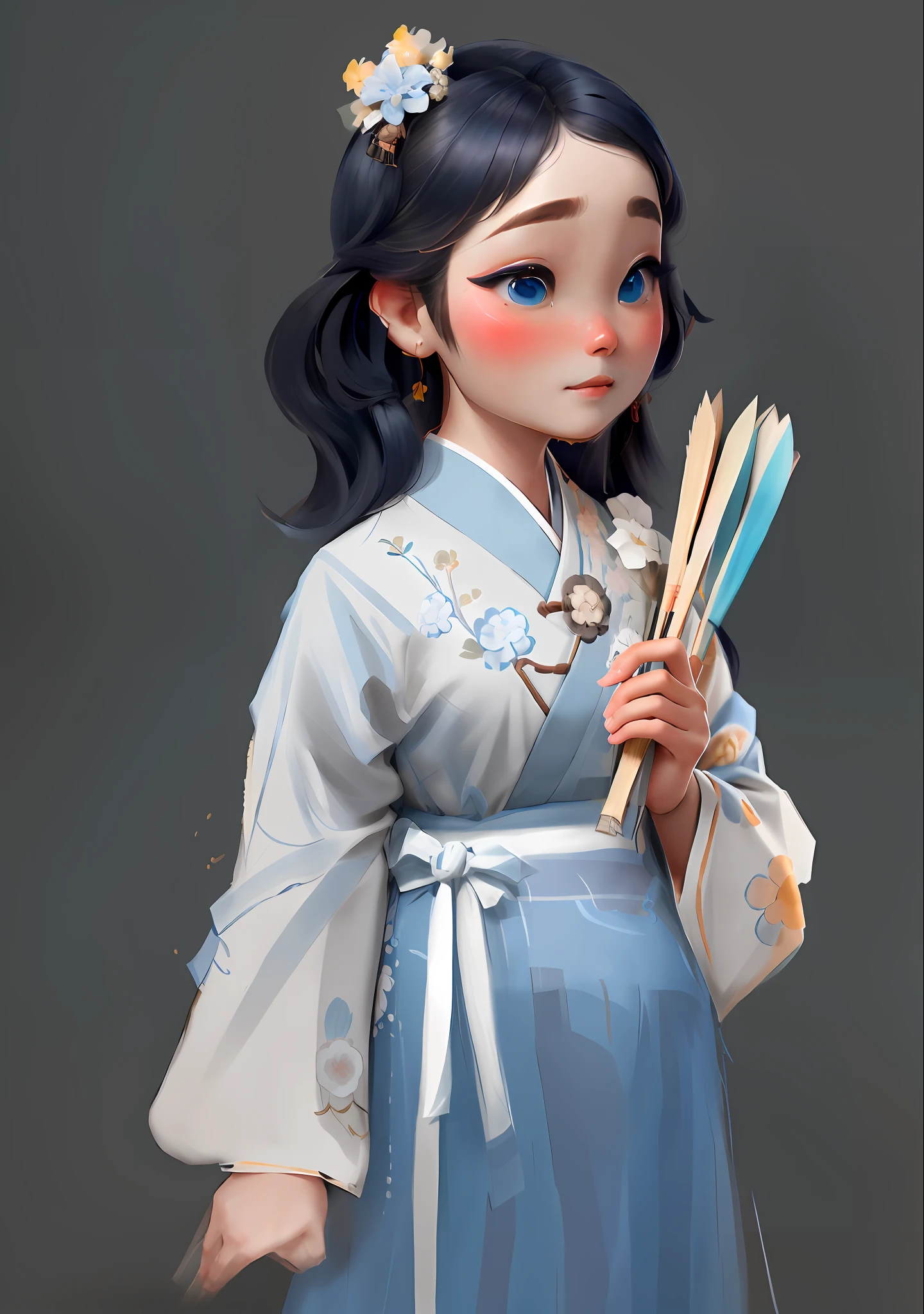 There is one wearing a blue dress, (masterpiece: 1.5), (best quality: 1.5), 3dmm, high resolution, high detail, masterpiece, best quality, focus, eyes leaking out, facing the audience, cute, white and blue hanfu, Chinese, clean background, brush, one hand holding a fan and one hand relaxing, head close-up, super close-up, contour shadow, gentle intellectual sister who likes classical Chinese culture, has a lot of research on illustration and tea ceremony. I like to wear Hanfu and tie my hair with hairpins.