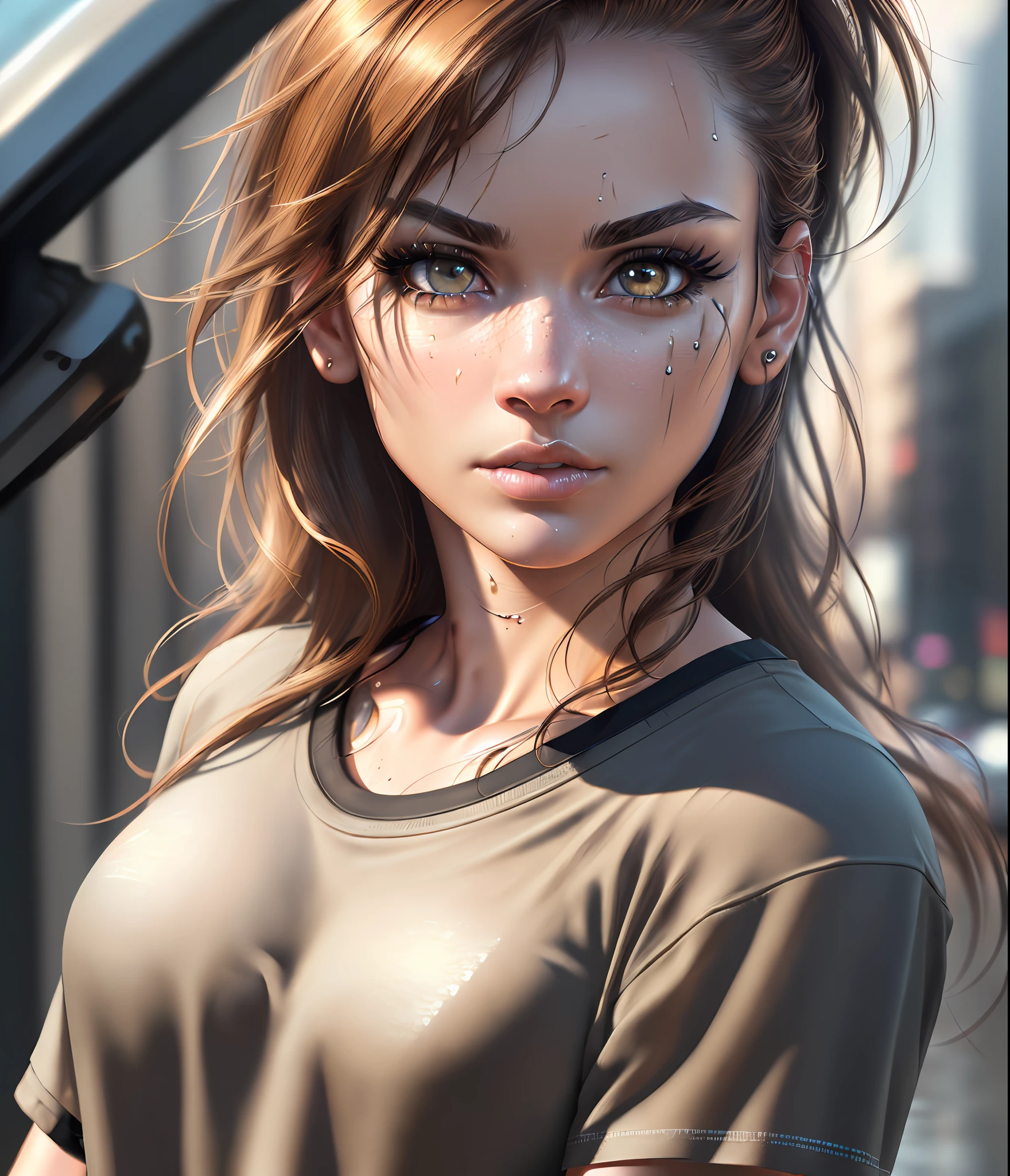 ((masterpiece)), (((best quality))), ((ultra detail)), UHD, 8K, (((high definition))), ((illustration)), ((extremely realistic)), ( reflections), sharp focus, front lighting, intense shadows, ((beautiful extremely detailed eyes)), eyelashes, (extremely delicate and beautiful punk girl), ((brown eye color)), wavy blond hair, (t-shirt style punk), long hair, ((extremely detailed eyes)), medium chest, shiny skin, damp skin, sweaty skin, cinematic lighting mask, ray tracing, depth of field, dynamic angle, looking at viewer, ((urban background)), (difficulty 1.4), ((macro, shooting, detail, face, eyes, nose, lips, eyebrows)), ((extremely detailed and realistic skin texture)), ((extremely detailed and realistic eye texture)), ((extremely detailed and realistic finger texture)), ((extremely detailed and realistic clothes)).