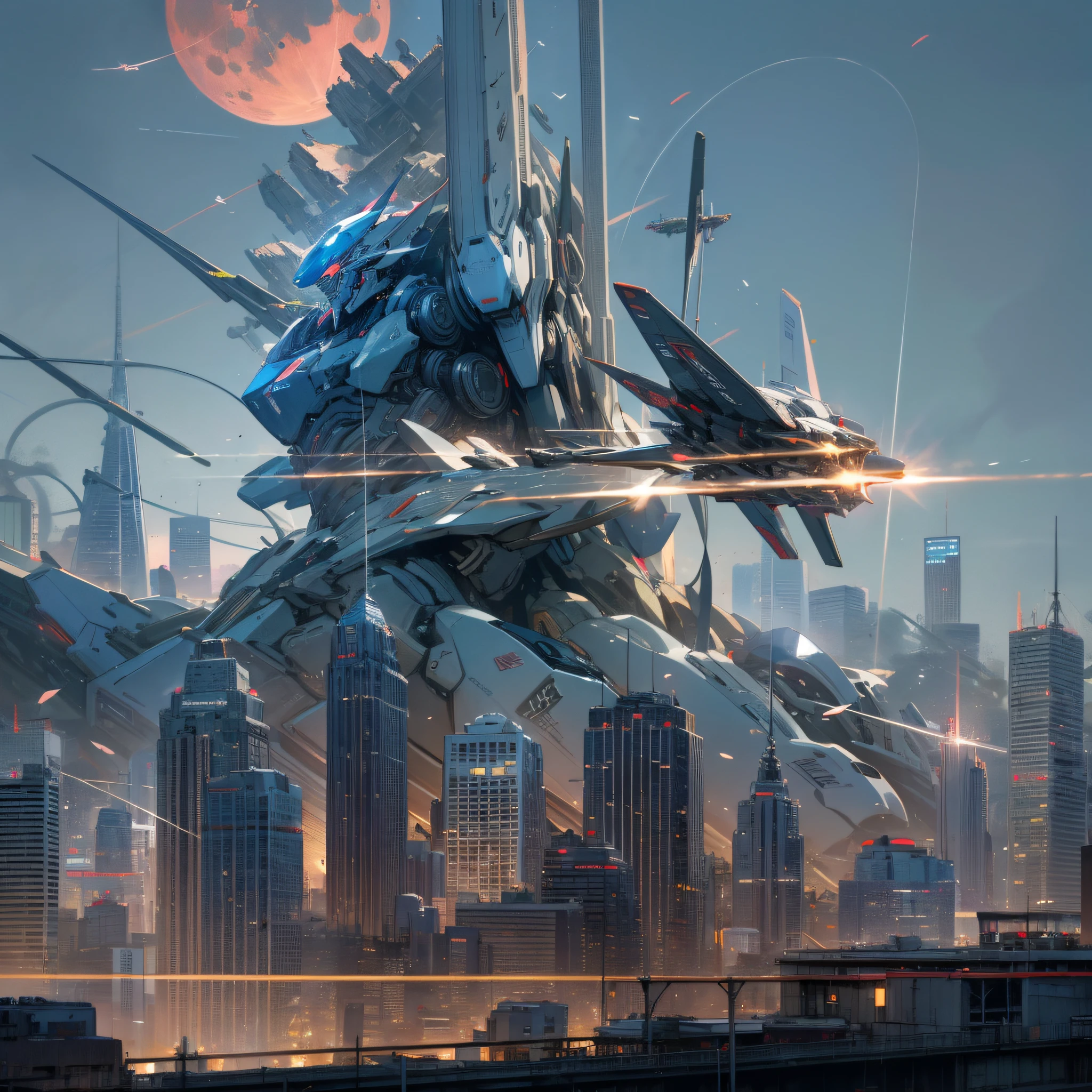 Mecha in the center of the city, holding an assault rifle, red moon on top, buildings on the sides, beautiful effect, warplanes in the sky, masterpieces, best quality, ultra-high quality, absurd details, best light, best shadows, sharp, sharp images, detailed, extremely detailed, high resolution, 8K, 4K, ultra high-definition, detailed robots --auto --s2