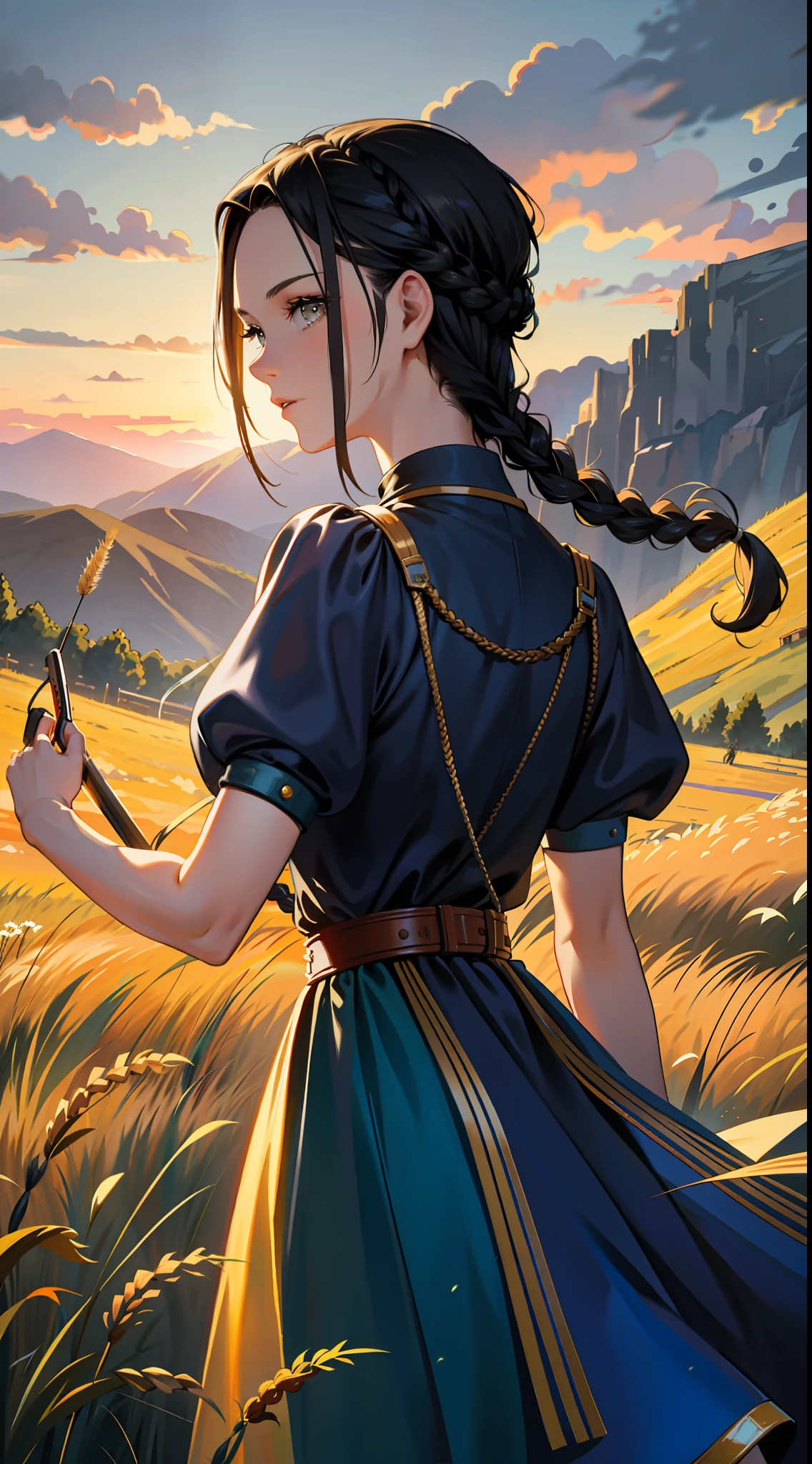 Movie Poster,((Braid Hairstyle : 1.5)),Science Fiction,Sci-Fi,Heroine,Woman,Adult,34 Years Old,One Braided Hairstyle,Black Hair,Missiles on Back,(Filed in the middle of an open meadow with a breeze)