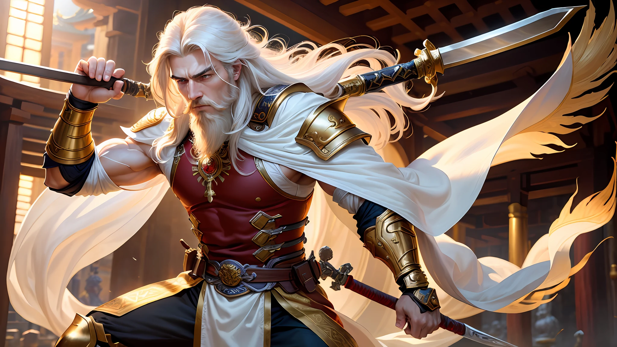 masterpiece, high quality, solo focus, (perfect face: 1.1), (high detail: 1.1), (dramatic, 1.5), (long white hair: 1.3) action photo, strong, 1 muscular man, dressed in imperial prince clothes and golden armor: 1.3, gold jewelry: 1.3, platinum samurai hair: 1.3, holding long sword 1.2), (in a temple, during the day, bright light: 1.3), young man, messy hair, battle stance, hyper-detailed, digital art, studio quality, smooth rendering, unrealistic rendering of 5 engine, octane rendering, 8K, european man with viking features, white cape, bearded, long beard