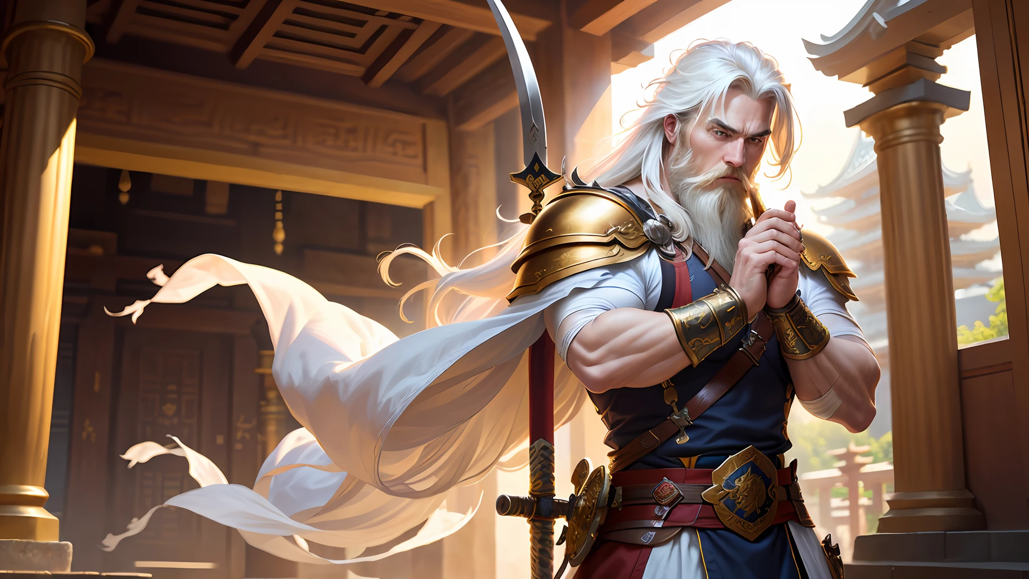 masterpiece, high quality, solo focus, (perfect face: 1.1), (high detail: 1.1), (dramatic, 1.5), (long white hair: 1.3) action photo, strong, 1 muscular man, dressed in imperial prince clothes and golden armor: 1.3, gold jewelry: 1.3, platinum samurai hair: 1.3, holding long sword 1.2), (in a temple, during the day, bright light: 1.3), young man,  messy hair, battle stance, hyper-detailed, digital art, studio quality, smooth rendering, unrealistic rendering of 5 engine, octane rendering, 8K, european man with viking features, white cape, bearded, long beard