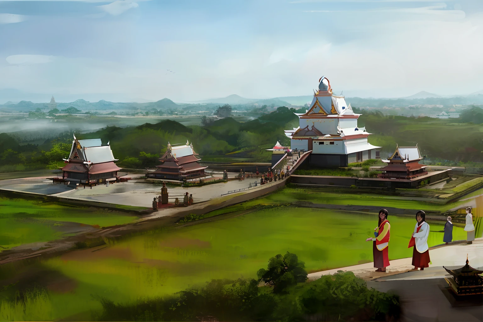 a group of people standing in front of a large building, myanmar, pagoda, pagodas on hills, picture taken from the ground, buddhist architecture, photo taken in 2018, bottom viewa, in a city with a rich history, white cloth in wind shining, ancient city of white stone, photo taken from the ground, image from afar, orgeneral photo, real photo, no Chinese pogoda & temple, no vietnam pagoda & temple, no Cambodia pagoda& temple, Cg18Cg21