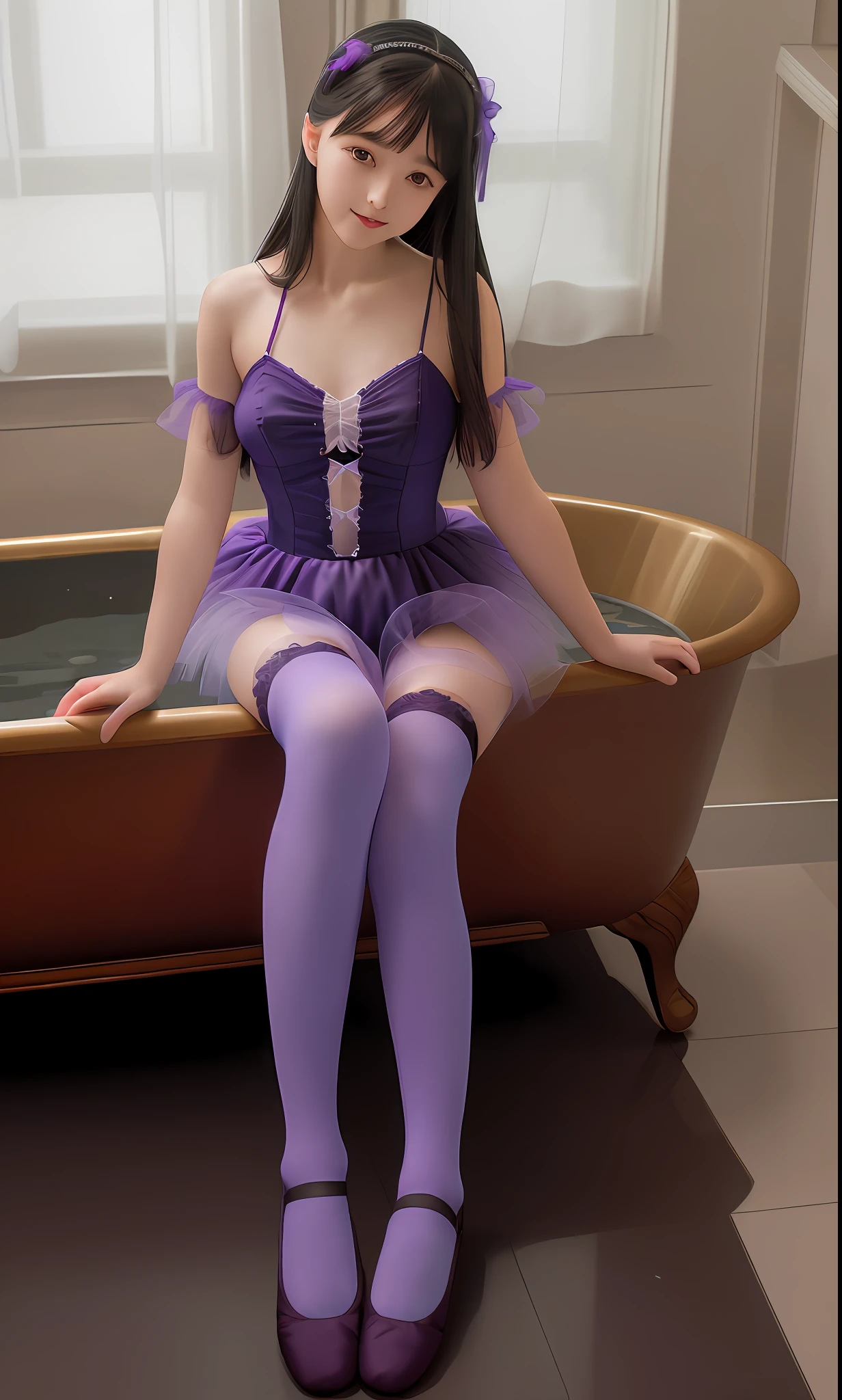 Absurd, high resolution, super detailed, (1 girl:1.3),
High fork swimsuit, ballet socks, tutu, sitting in the bathtub, water over the feet, looming, dark room, slim, pretty dream girl, bright purple thigh socks, silky texture, lace stocking edge, real photos, detailed eyes, pretty eyes, smile, full body view,