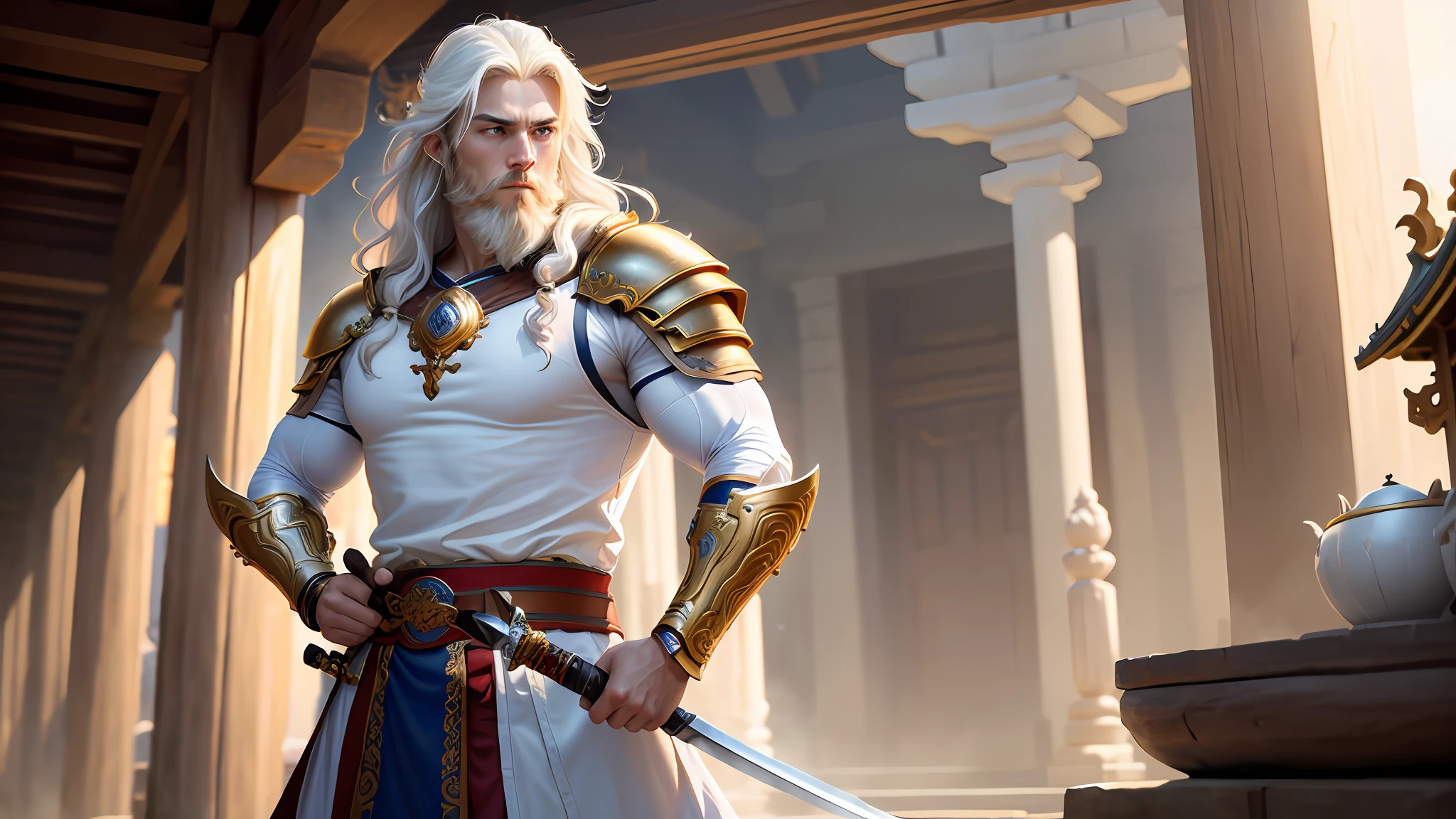 masterpiece, high quality, solo focus, (perfect face: 1.1), (high detail: 1.1), (dramatic, 1.5), (long white hair: 1.3) action photo, strong, 1 muscular man, dressed in imperial prince clothes and golden armor: 1.3, gold jewelry: 1.3, platinum samurai hair: 1.3, holding long sword 1.2), (in a temple, during the day, bright light: 1.3), young man, messy hair, battle stance, hyper-detailed, digital art, studio quality, smooth rendering, unrealistic rendering of 5 engine, octane rendering, 8K, european man with viking features, white cape, bearded, long beard