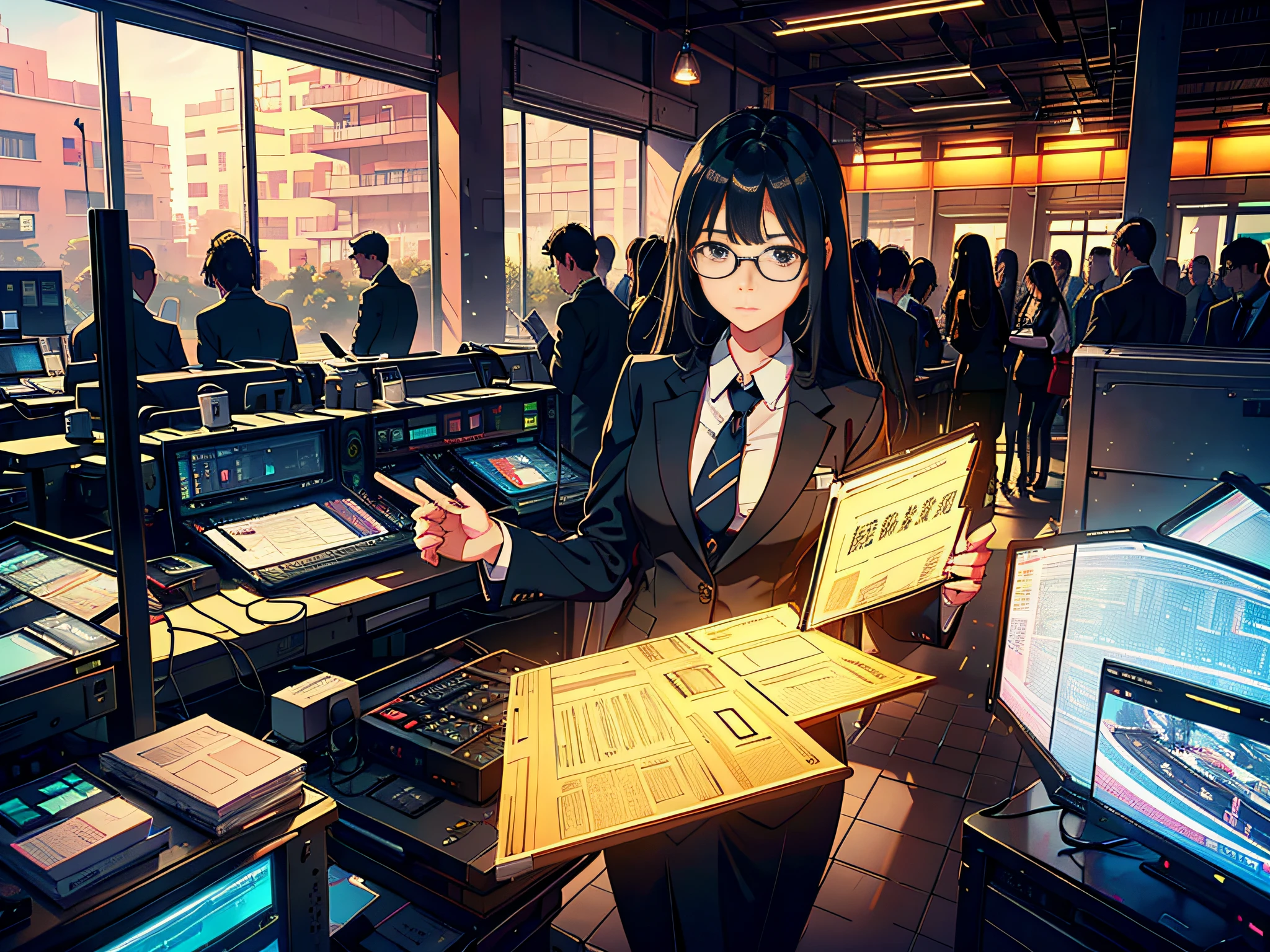 At noon, a female teacher, this female teacher in a suit and formal suit, tied hair, wearing glasses, looking in a large office, glasses with computers, (multi-person large office open), multi-person office, multi-row computers, this teacher looks at the camera, the lens is mainly featured on the upper body, in the Loepfe art style ((Xinhai City), popular in CGStation, Shinhaicheng H 2160, inspired by Bian Shoumin, Xinhaicheng, Kavasi, Guwitz's style, high-quality pictures, 4K, 8K, resolution