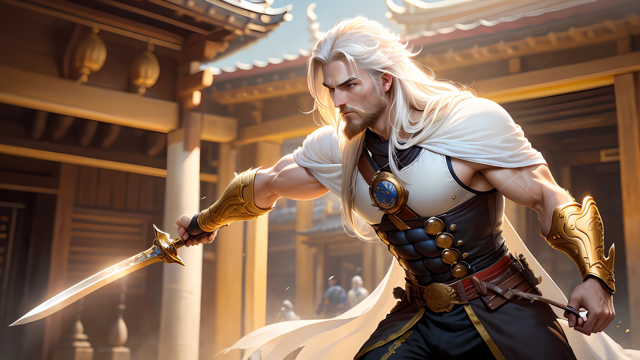 masterpiece, high quality, solo focus, (perfect face: 1.1), (high detail: 1.1), (dramatic, 1.5), (long white hair: 1.3) action photo, strong, 1 muscular man, dressed in imperial prince clothes and golden armor: 1.3, gold jewelry: 1.3, platinum samurai hair: 1.3, holding long sword 1.2), (in a temple, during the day, bright light: 1.3), young man,  messy hair, battle stance, hyper-detailed, digital art, studio quality, smooth rendering, unrealistic rendering of 5 engine, octane rendering, 8K, european man with viking features, white cape, bearded, long beard