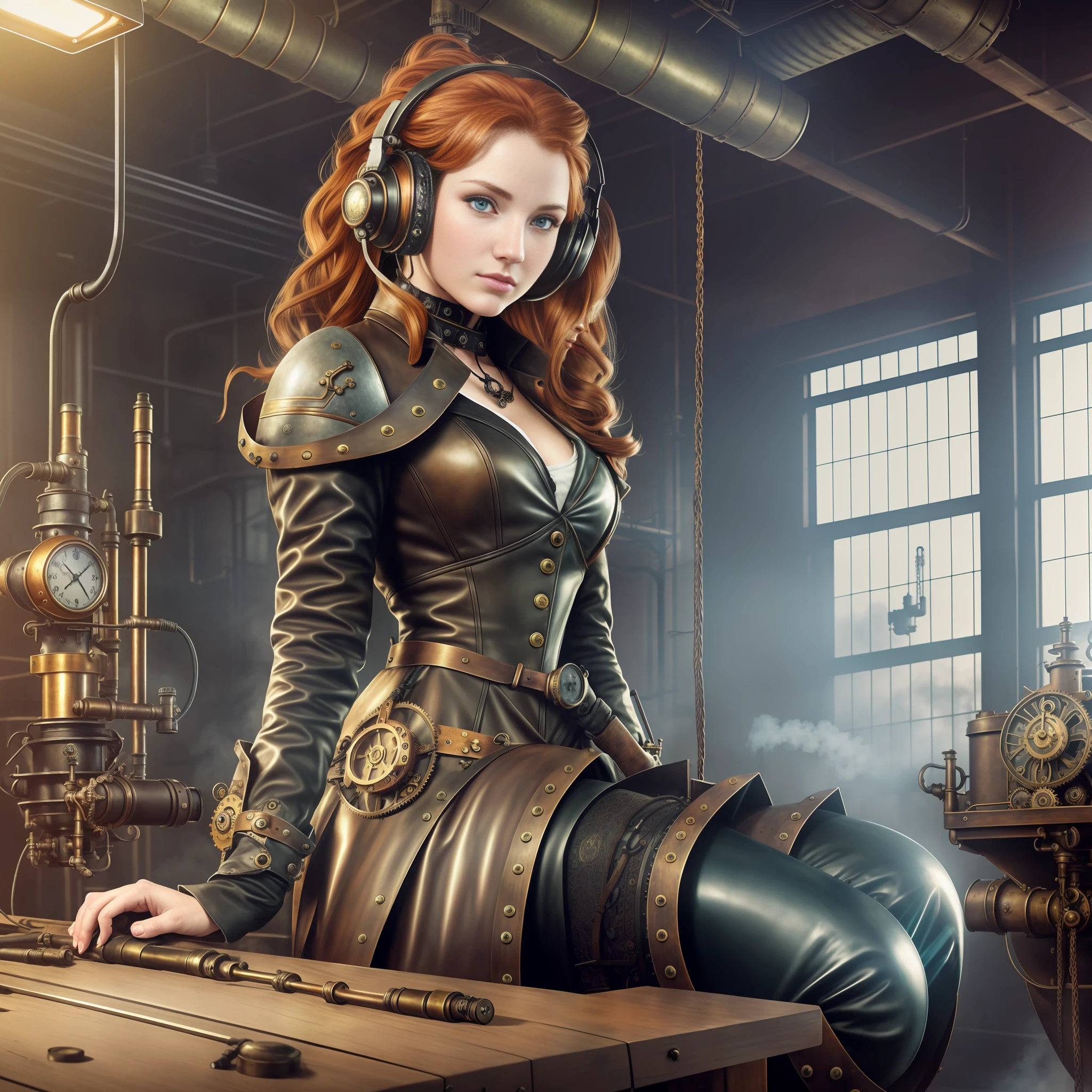 hyper photorealism, very high contrast photograph, street photography, cinematic lighting, dramatic lighting, (a 19 yo girl, (Ana de Armas:0.50), (redhead:1.1)), very cute, (perfect eyes:1.1), photorealistic wavy hair, looking down at her own hand, steampunk jumpsuit, intercom headset, steampunk choker, long leather boots, perfect detailed face, detailed symmetric green eyes with circular iris, fixing a steam engine in the steampunk garage filled with steam and smoke, intricate, hdr, intricate details, detailed, cinematic, cogs and gears, steamy background with lots of steam pipes and steam valves and pressure gauges and gears, realistic, stunning realistic photograph, 3d render, octane render, cinematic, Isometric, Centered, hyperealistic cover photo, awesome full color, 12k, high definition, portrait featured on unsplash, smooth, ultra high definition, 8k, ultra sharp focus, intricate artwork, masterpiece, ominous, epic, highly detailed, warm cinematic, a girl in a light gray uniform sitting on a machine, young girl in steampunk clothes, in a steampunk laboratory, steampunk inventor girl, in a steampunk world, woman in a dark factory, steampunk fantasy style, steampunk , steampunk aesthetic --auto --s2