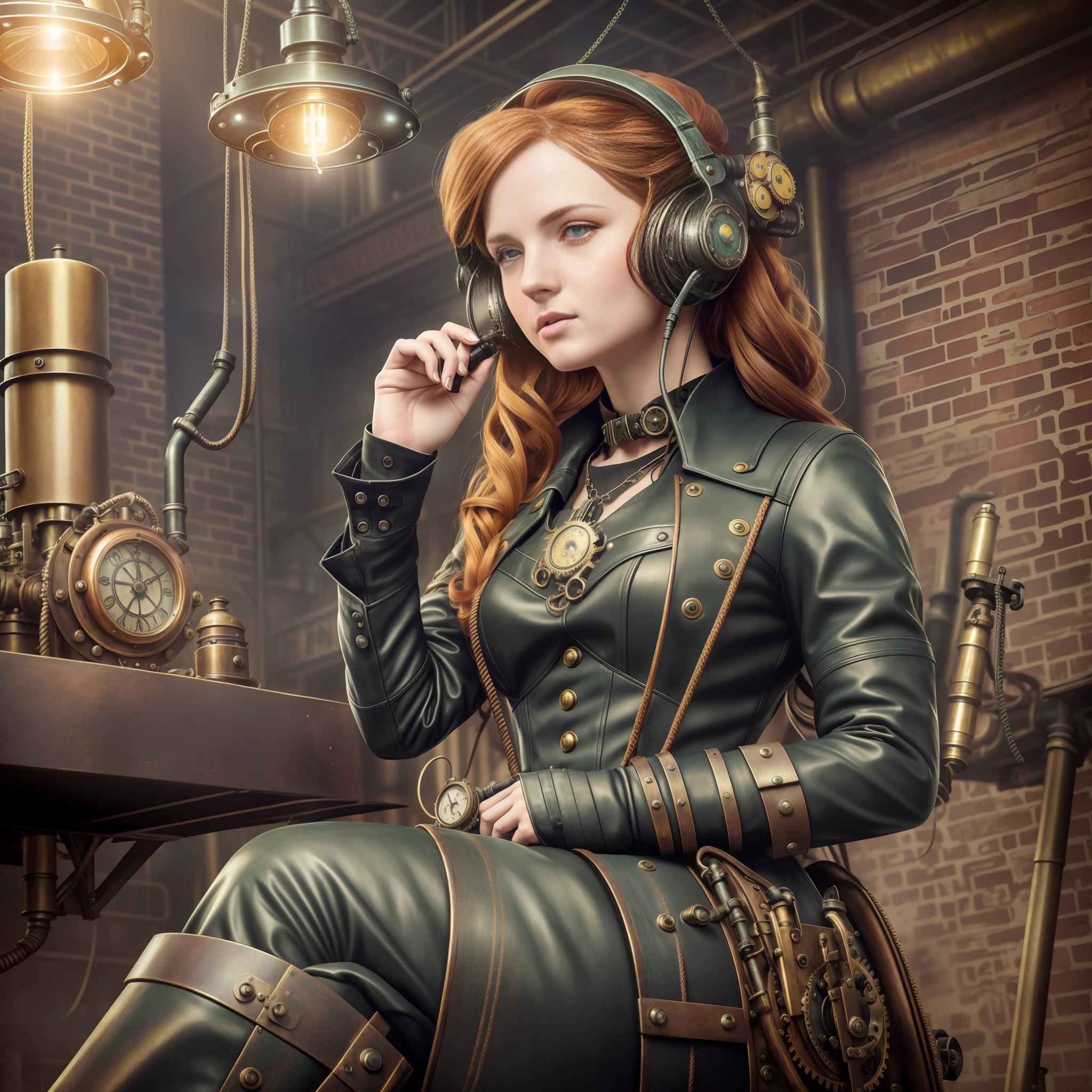hyper photorealism, very high contrast photograph, street photography, cinematic lighting, dramatic lighting, (a 19 yo girl, (Ana de Armas:0.50), (redhead:1.1)), very cute, (perfect eyes:1.1), photorealistic wavy hair, looking down at her own hand, steampunk jumpsuit, intercom headset, steampunk choker, long leather boots, perfect detailed face, detailed symmetric green eyes with circular iris, fixing a steam engine in the steampunk garage filled with steam and smoke, intricate, hdr, intricate details, detailed, cinematic, cogs and gears, steamy background with lots of steam pipes and steam valves and pressure gauges and gears, realistic, stunning realistic photograph, 3d render, octane render, cinematic, Isometric, Centered, hyperealistic cover photo, awesome full color, 12k, high definition, portrait featured on unsplash, smooth, ultra high definition, 8k, ultra sharp focus, intricate artwork, masterpiece, ominous, epic, highly detailed, warm cinematic, a girl in a light gray uniform sitting on a machine, young girl in steampunk clothes, in a steampunk laboratory, steampunk inventor girl, in a steampunk world, woman in a dark factory, steampunk fantasy style, steampunk , steampunk aesthetic --auto --s2