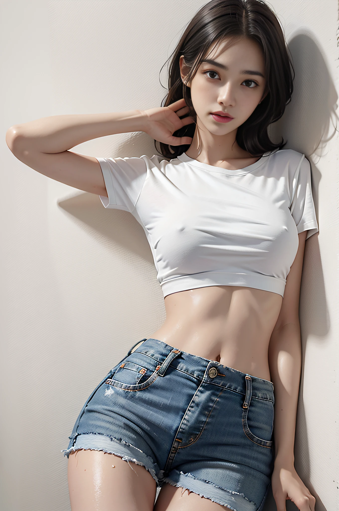 Girl in white shirt and tight denim skirt posing for photo, full body, legs spread, cut t-shirt, bra, slim body, small bust, slim girl model, 24 year old female model, lying down, shy, skin wet, sweating