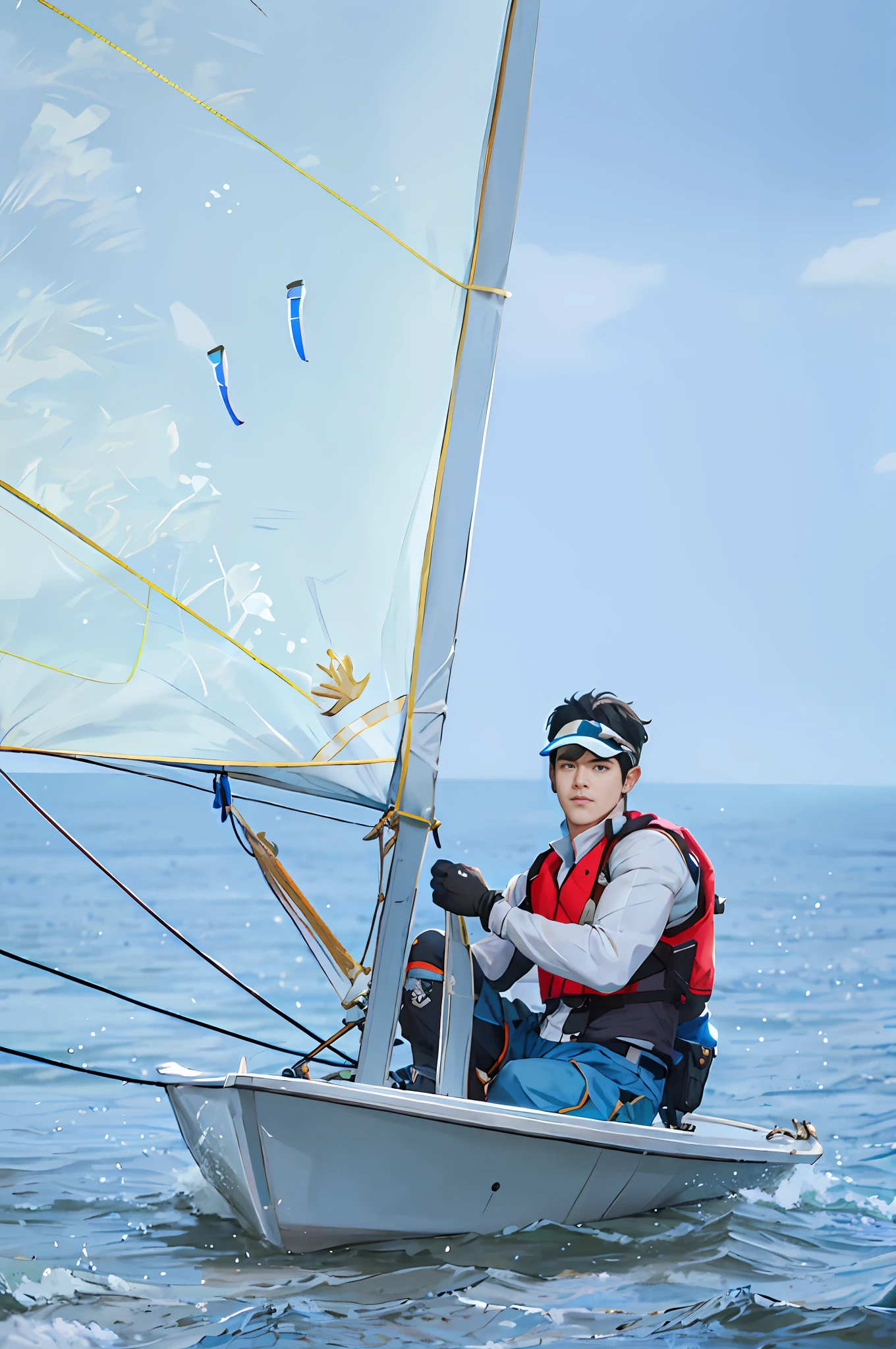 1boy,solo,outdoors,White cloud,blue_sky,water,ocean,White sail,watercraft,boat,male focus,short hair,black hair,sitting,visor_cap,jacket,vest,long sleeves,gloves,hat,shorts,pants,fingerless gloves,black gloves,blue pants,blue shorts,