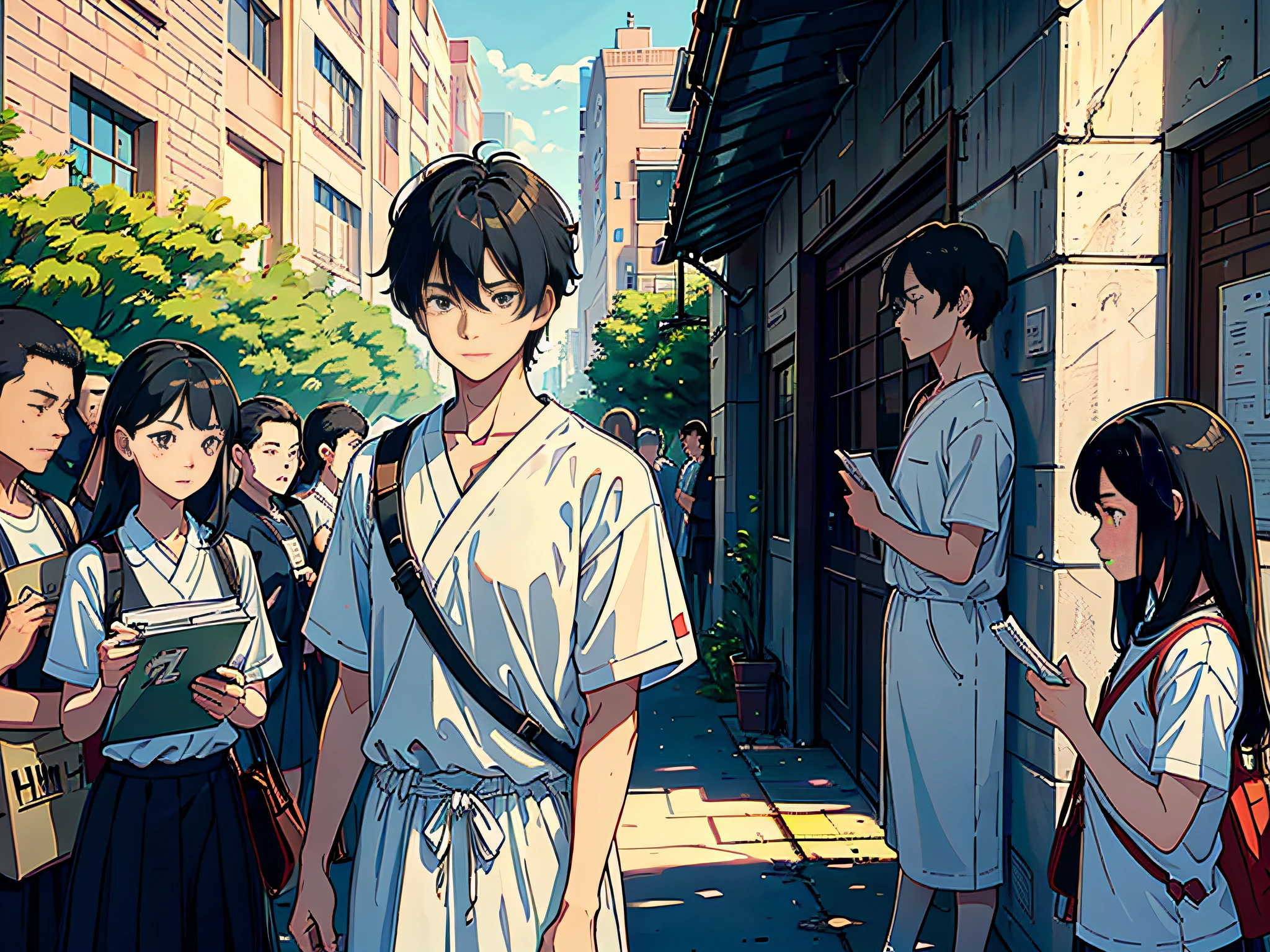 The protagonist is a boy, outside, a boy standing, holding a file bag, holding an exam paper, the background is a crowd and school buildings, the male classmate is wearing a white T-shirt with short black hair, the male classmate looks at the camera, the lens is mainly characterized by the upper body, in the Loepfe art style ((Xinhaicheng), popular in CGStation, Xinhaicheng H 2160, inspired by Bian Shoumin, Xinhaicheng, Kavasi, Guwitz's style, high-quality pictures, 4K, 8K, resolution,