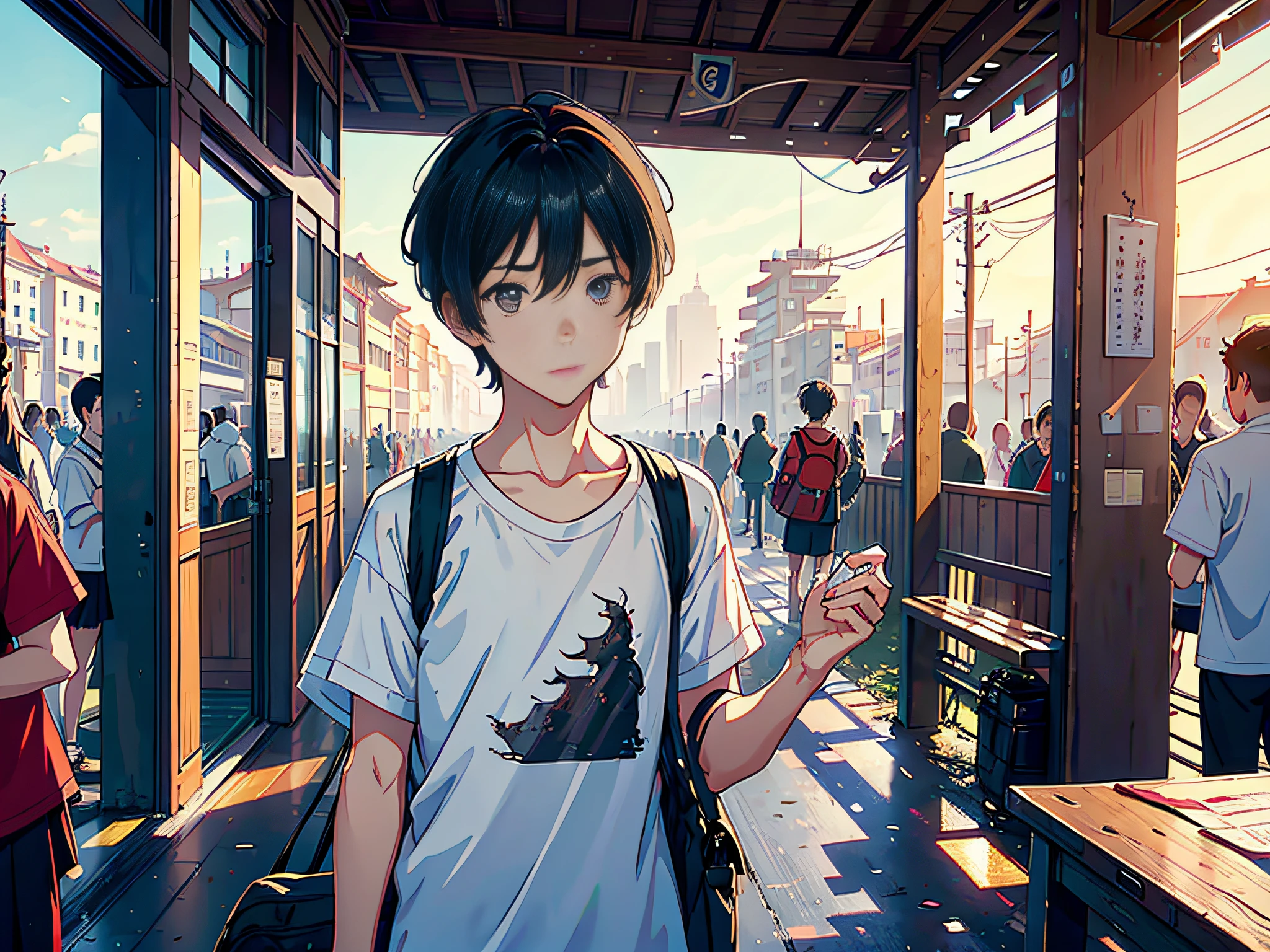 The protagonist is a boy, outside, a boy standing, holding a file bag, holding an exam paper, the background is a crowd and school buildings, the male classmate is wearing a white T-shirt with short black hair, the male classmate looks at the camera, the lens is mainly characterized by the upper body, in the Loepfe art style ((Xinhaicheng), popular in CGStation, Xinhaicheng H 2160, inspired by Bian Shoumin, Xinhaicheng, Kavasi, Guwitz's style, high-quality pictures, 4K, 8K, resolution,