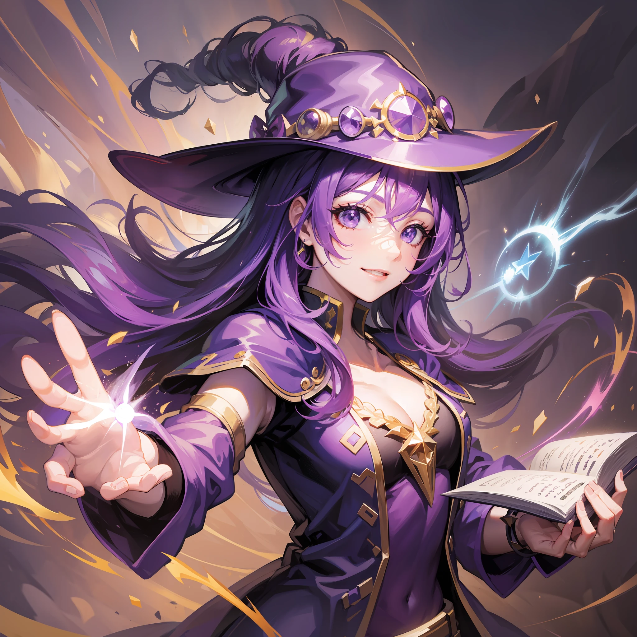 a super heroine wizard with a book in her left hand casting a spell with her right hand while smiling, wearing a wizard hat, purple hair, detailed, HD, RTX, in the middle of a battle, upperbody,  dynamic pose