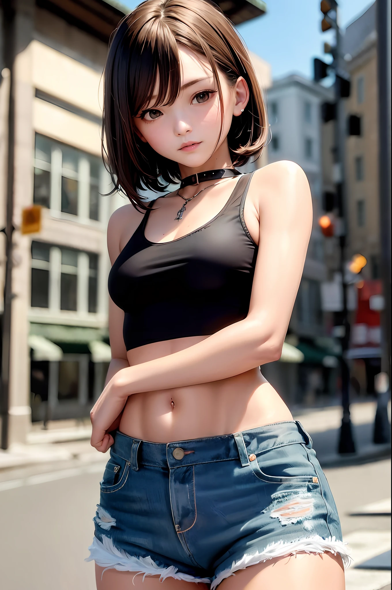 ((medium breast, tomboy girls, small head)), daylight, sunlight, (chiseled abs : 1.1), (perfect body : 1.1), (short wavy hair : 1.2) , auburn hair, collar, chain, full body shot, crowded street, wearing black tanktop, jeans jacket, ((shorts)), (extremely detailed CG 8k wallpaper), (an extremely delicate and beautiful), (masterpiece), (best quality:1.0), (ultra highres:1.0),  beautiful lighting ,perfect lightning, realistic shadows, [highres], detailed skin, ultra-detailed