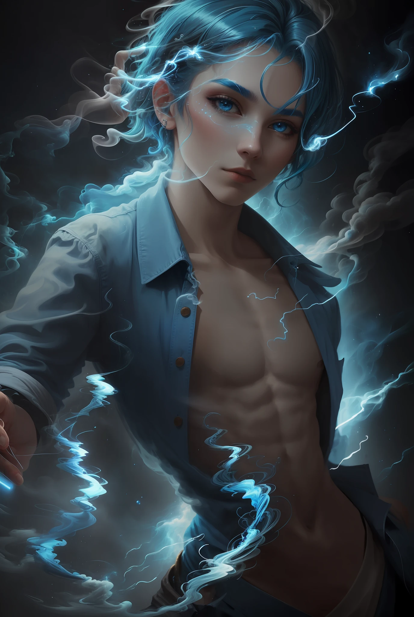 Masterpiece, top quality, blue hair, blue lightning, pointing the finger at yourself. Magic. Another world. Blue smoke billows.