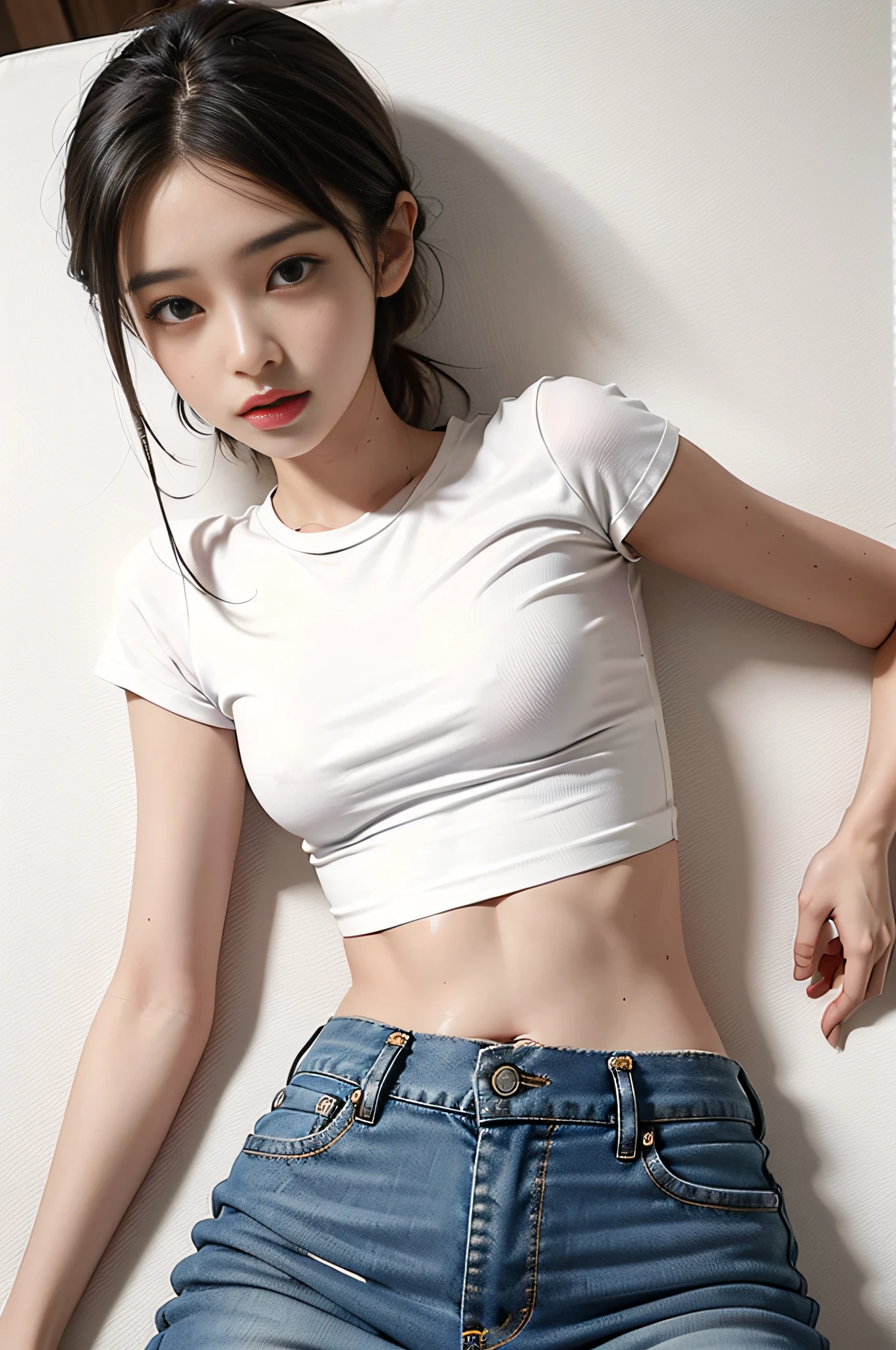 Girl in white shirt and tight denim skirt posing for photo, full body, legs spread, cut t-shirt, bra, slim body, small bust, slim girl model, 24 year old female model, lying down, shy, skin wet, sweating