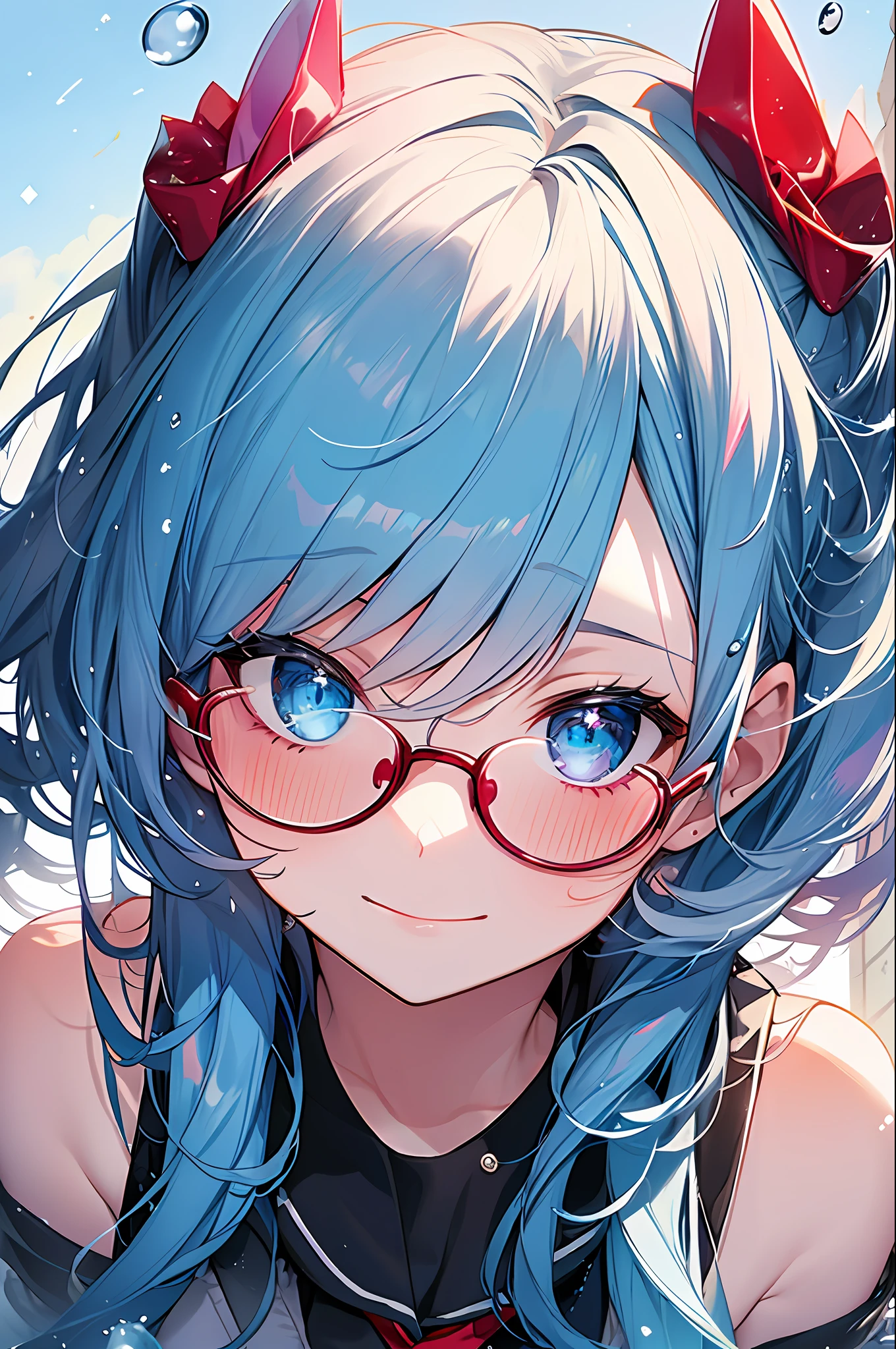 (Masterpiece, Top Quality, Best Quality, Watercolor (Medium), Official Art, Beautiful and Aesthetic: 1.2), (1 Girl: 1.3), (Fractal Art: 1.3), Full Body, Star-shaped Pupil, Watching Viewer, Pattern, (Blue Hair, Light Blue Hair, Half Blue and Half Light Blue Hair: 1.2), Water, Liquid, Clouds, Colorful, Starry Sky, Stars, Smile, Glasses, Close Up, Heterochromia, (Colorful: 1.5), Wet, (Red Moon), school uniform