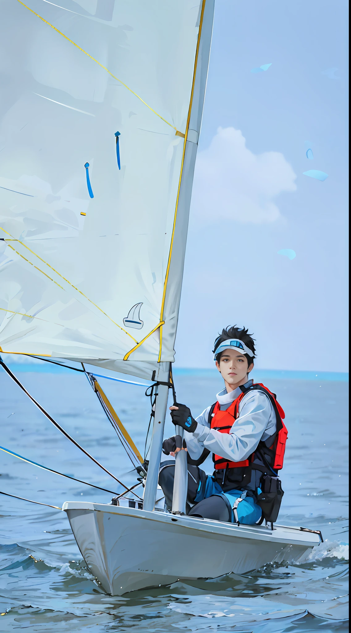 1boy,solo,outdoors,White cloud,blue_sky,water,ocean,White sail,watercraft,boat,male focus,short hair,black hair,sitting,visor_cap,jacket,vest,long sleeves,gloves,hat,shorts,pants,fingerless gloves,black gloves,blue pants,blue shorts,