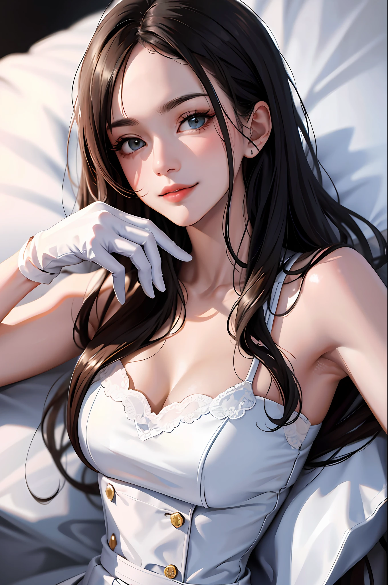(Masterpiece: 1.2, highest quality), (real photo, fine detail), one woman, alone, nurse's outfit, short gloves, pull gloves, upper body, casual, long hair, simple makeup, natural fabric, close-up, smile, family, lying on bed, looking into camera, extreme close-up)