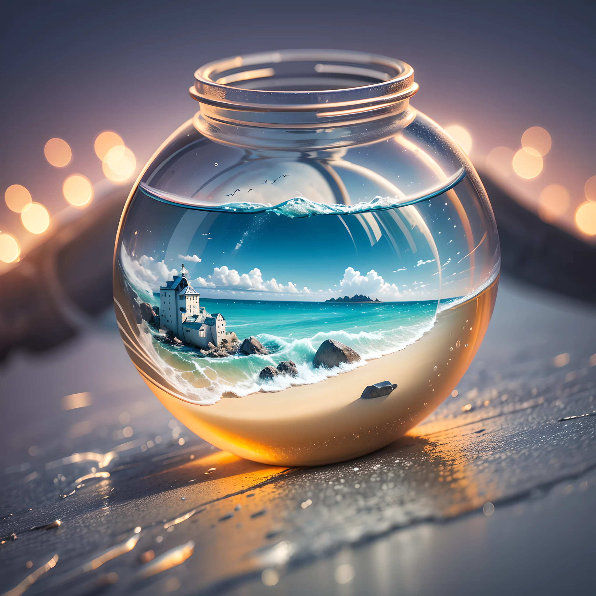In the distance there are white clouds and seagulls. There is a drifting bottle on the sea, and in the bottle there is a little boy or a little girl, they are all very happy and peaceful. The background is fresh and bright, with ultra-high-definition graphics in natural light, designed in 2.5D isometric style, using software such as Blender, Octane renderer and C4D--s --auto --s2