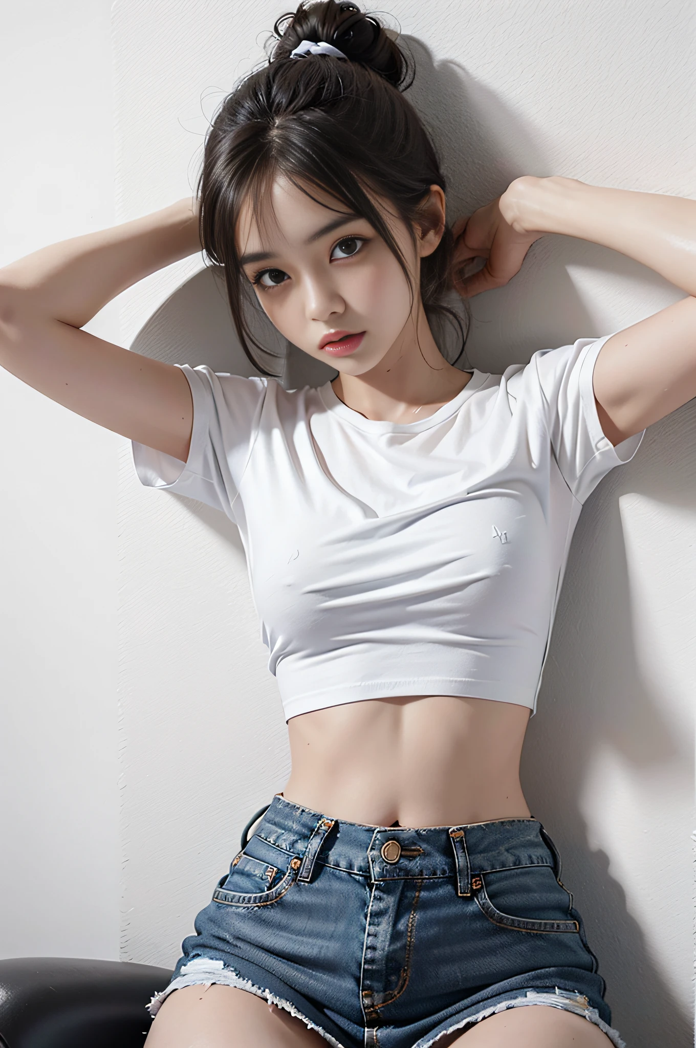 Girl in white shirt and tight denim skirt posing for photo, full body, legs spread, cut t-shirt, bra, slim body, small bust, slim girl model, 24 year old female model, lying down, shy, skin wet, sweating
