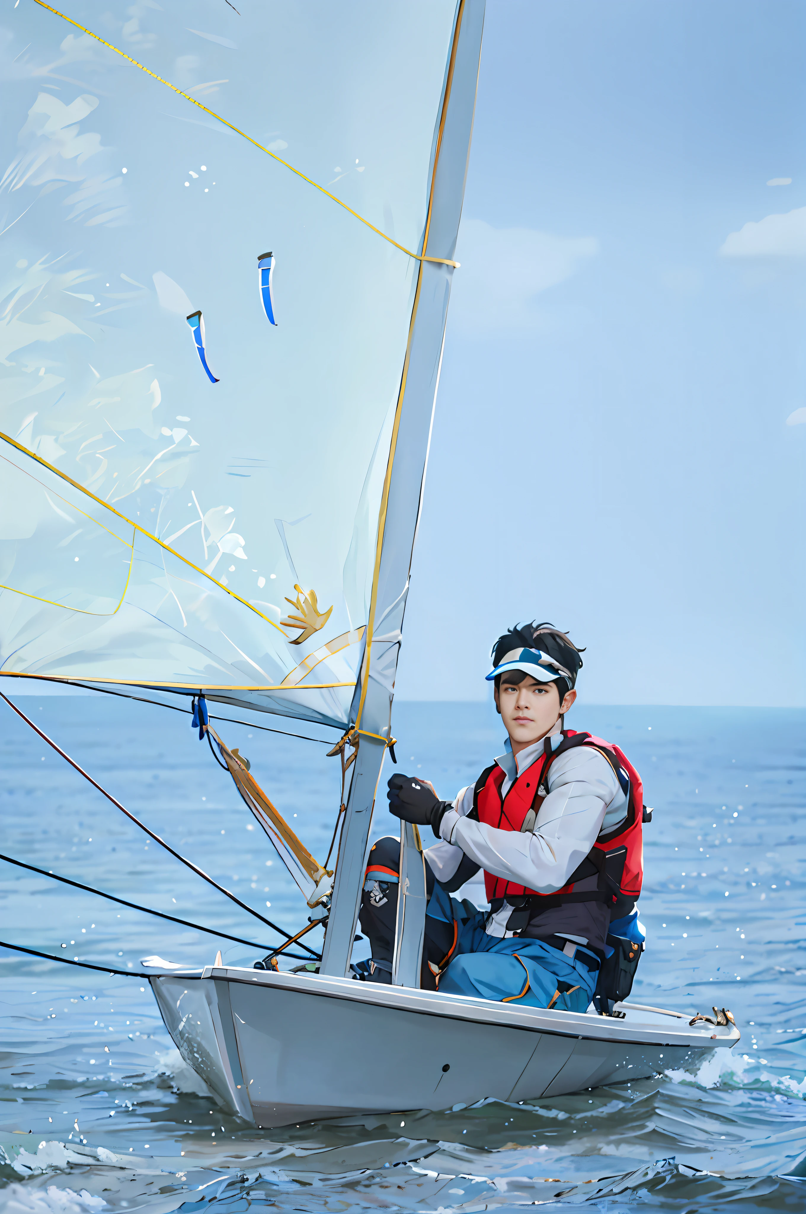 1boy,solo,outdoors,White cloud,blue_sky,water,ocean,White sail,watercraft,boat,male focus,short hair,black hair,sitting,visor_cap,jacket,vest,long sleeves,gloves,hat,shorts,pants,fingerless gloves,black gloves,blue pants,blue shorts,