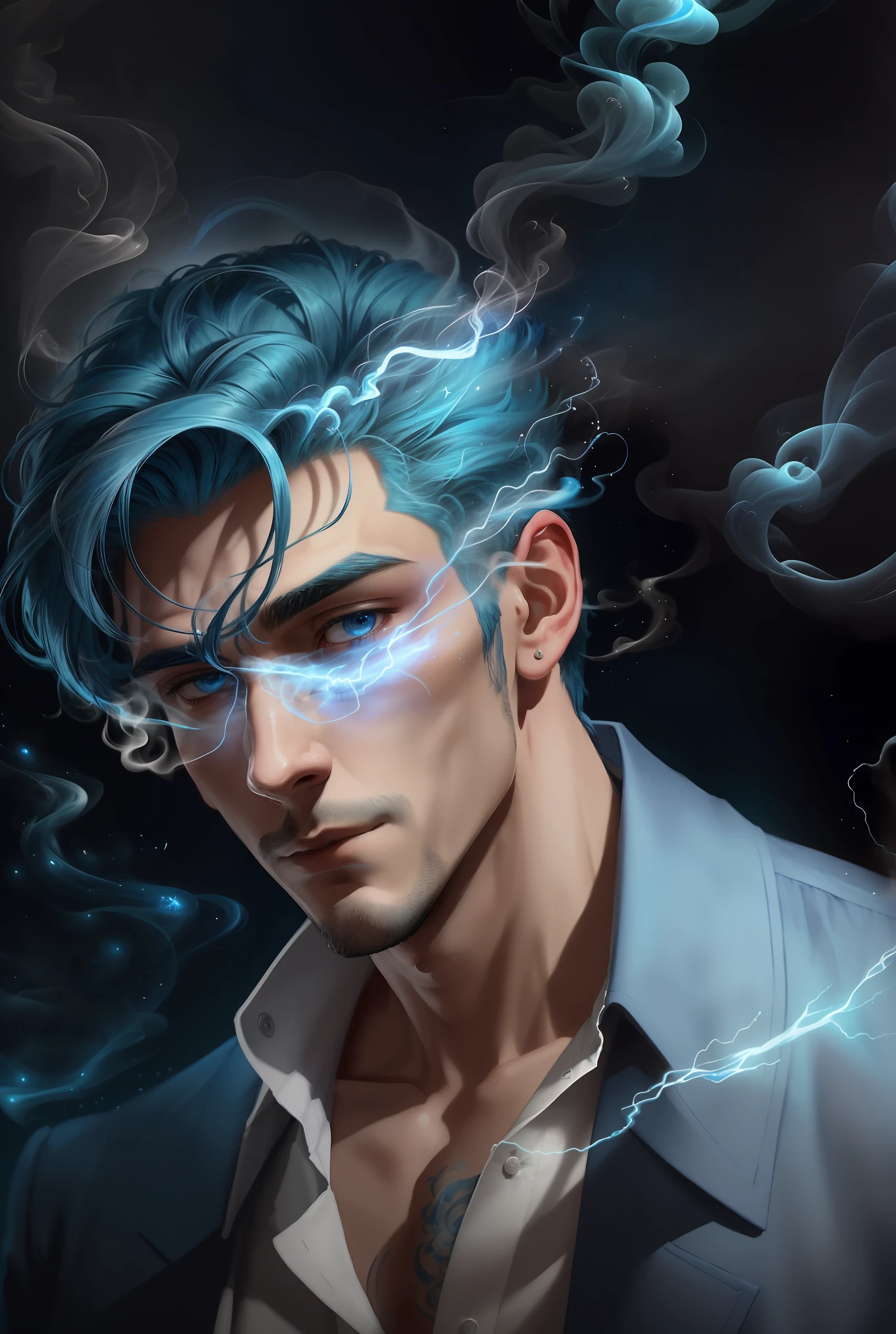 Masterpiece, top quality, blue hair, blue lightning, pointing the finger at yourself. Magic. Another world. Blue smoke billows. Handsome. Handsome man. Cool. A man in his 20s.
