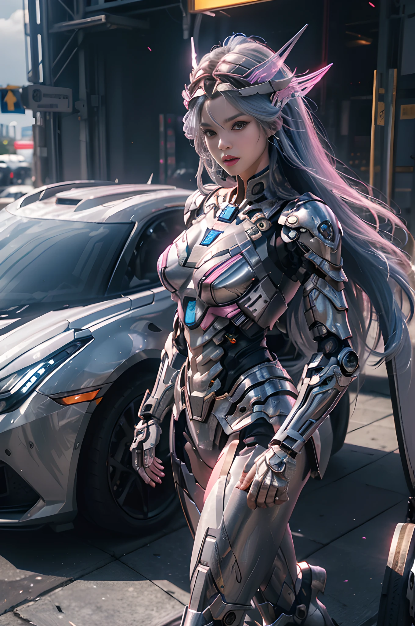 masterpiece, best quality, 1girl, solo, perfect face, looking at viewer, skin tight transparent vinyl, long blue hair, gray eyes, pale skin, shanyaogaoda, mecha, pink armor with white part, armor, helmet, lineart, dimly lit, low key, sharp focus, octane, backlighting, machinery, backlighting, shiny clothes, mechanical legs, thrusters, flying, hair ornament, high heels, shiny, artist name, standing, thighs, pink eyes, teeth, looking down, armored boots, cyborg, (big mechanical background:1.2), bare shoulders, lips, machine, The view from the bottom up, cosplay, RAW photo, delicate, best quality, (intricate details:1.3), hyper detail, finely detailed, colorful, 8k uhd, film grain, (studio lighting:1.2), (Fujifilm XT3), (photorealistic:1.3), (detailed skin:1.2)ultra high res, outside in the park with lake, best quality, photo, 4k, (photorealistic:1.4)
