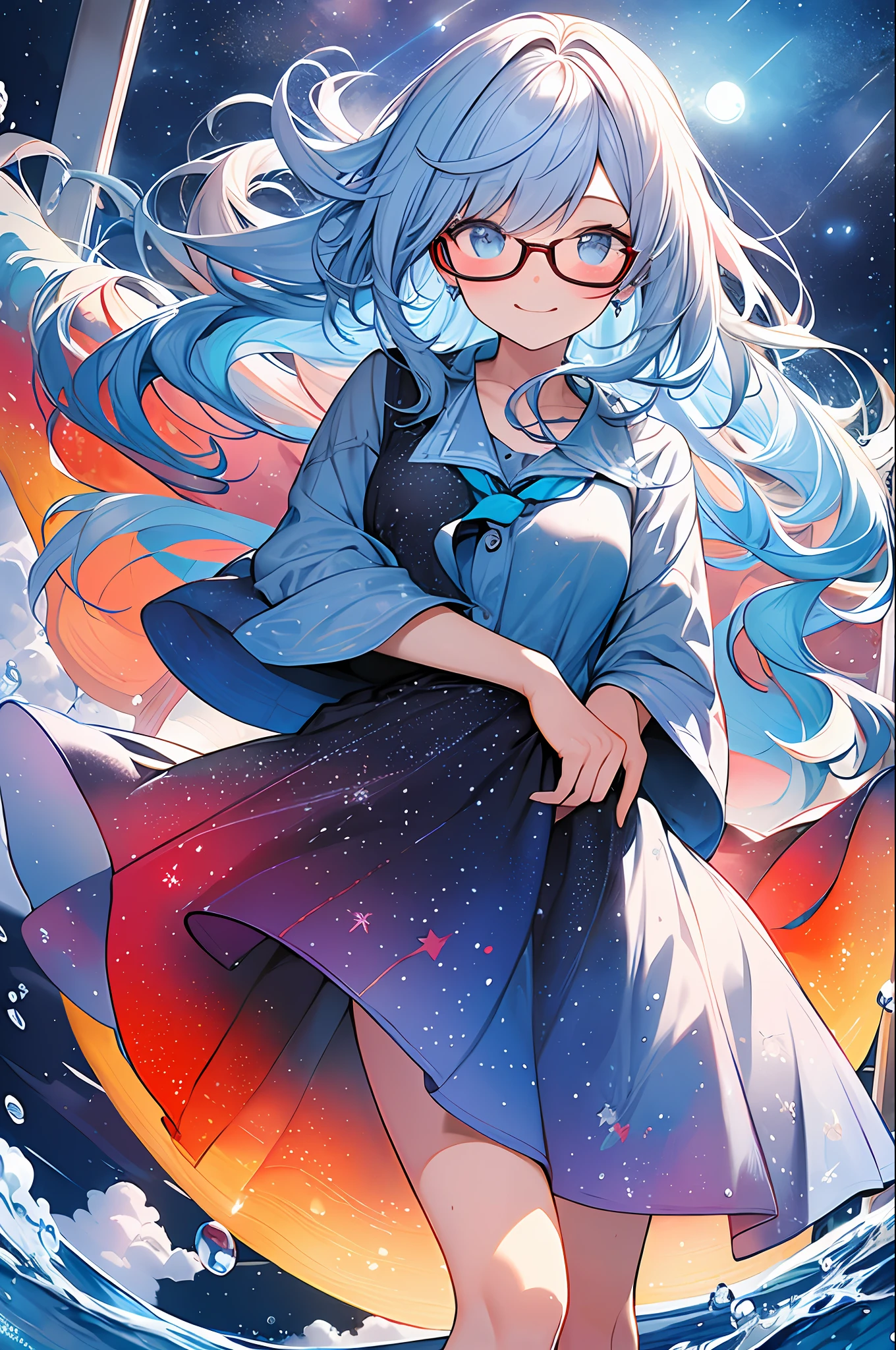 (Masterpiece, Top Quality, Best Quality, Watercolor (Medium), Official Art, Beautiful and Aesthetic: 1.2), (1 Girl: 1.3), (Fractal Art: 1.3), Full Body, Star-shaped Pupil, Viewer's Look, Pattern, (Blue Hair, Light Blue Hair, Half Blue and Half Light Blue Hair: 1.2), Water, Liquid, Clouds, Colorful, Starry Sky, Stars, Smile, Glasses, Heterochromia, (Colorful: 1.5), Wet, (Red Moon), School Uniform