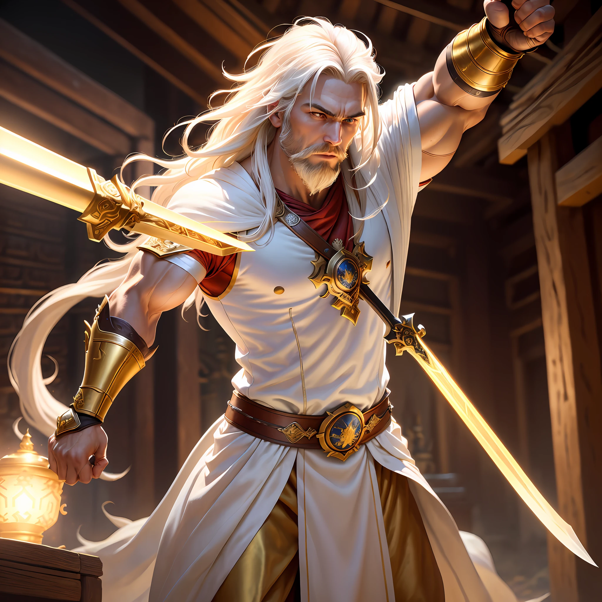 masterpiece, high quality, solo focus, (perfect face: 1.1), (high detail: 1.1), (dramatic, 1.5), (long white hair: 1.3) action photo, strong, 1 muscular man, dressed in imperial prince clothes and golden armor: 1.3, gold jewelry: 1.3, platinum samurai hair: 1.3, holding long sword 1.2), (in a temple, during the day, bright light: 1.3), young man,  messy hair, battle stance, hyper-detailed, digital art, studio quality, smooth rendering, unrealistic rendering of 5 engine, octane rendering, 8K, european man with viking features, white cape, bearded, long beard