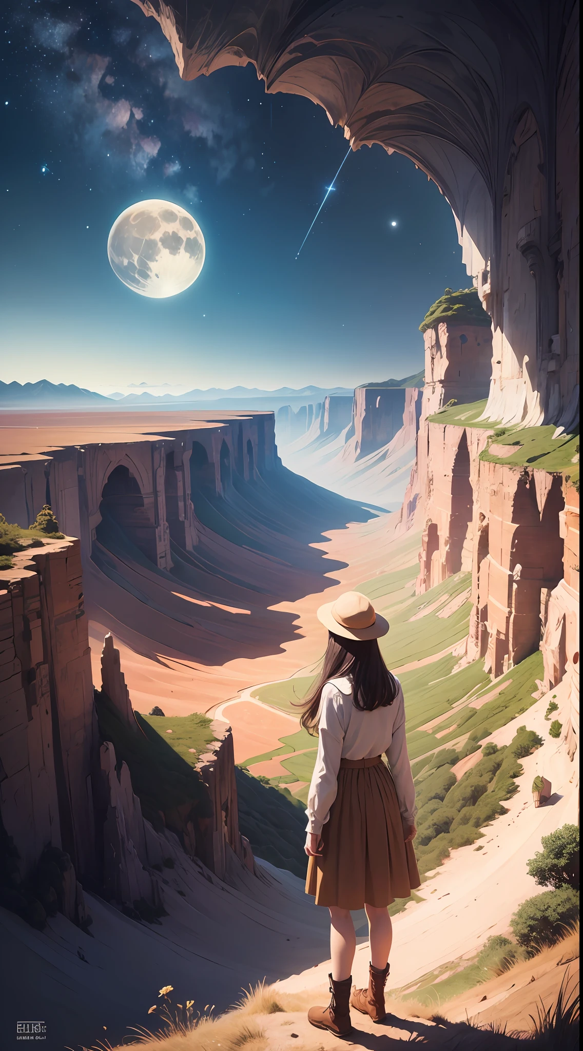 Vast landscape photos, (from below, the sky above, open fields below), a girl standing on a flower field looking up, characters 0.6 (Full Moon: 1.2), (meteors: 0.9), (Nebula: 1.3), distant mountains, trees BREAK Making art, (warm light source: 1.2), (Firef... --auto --s2