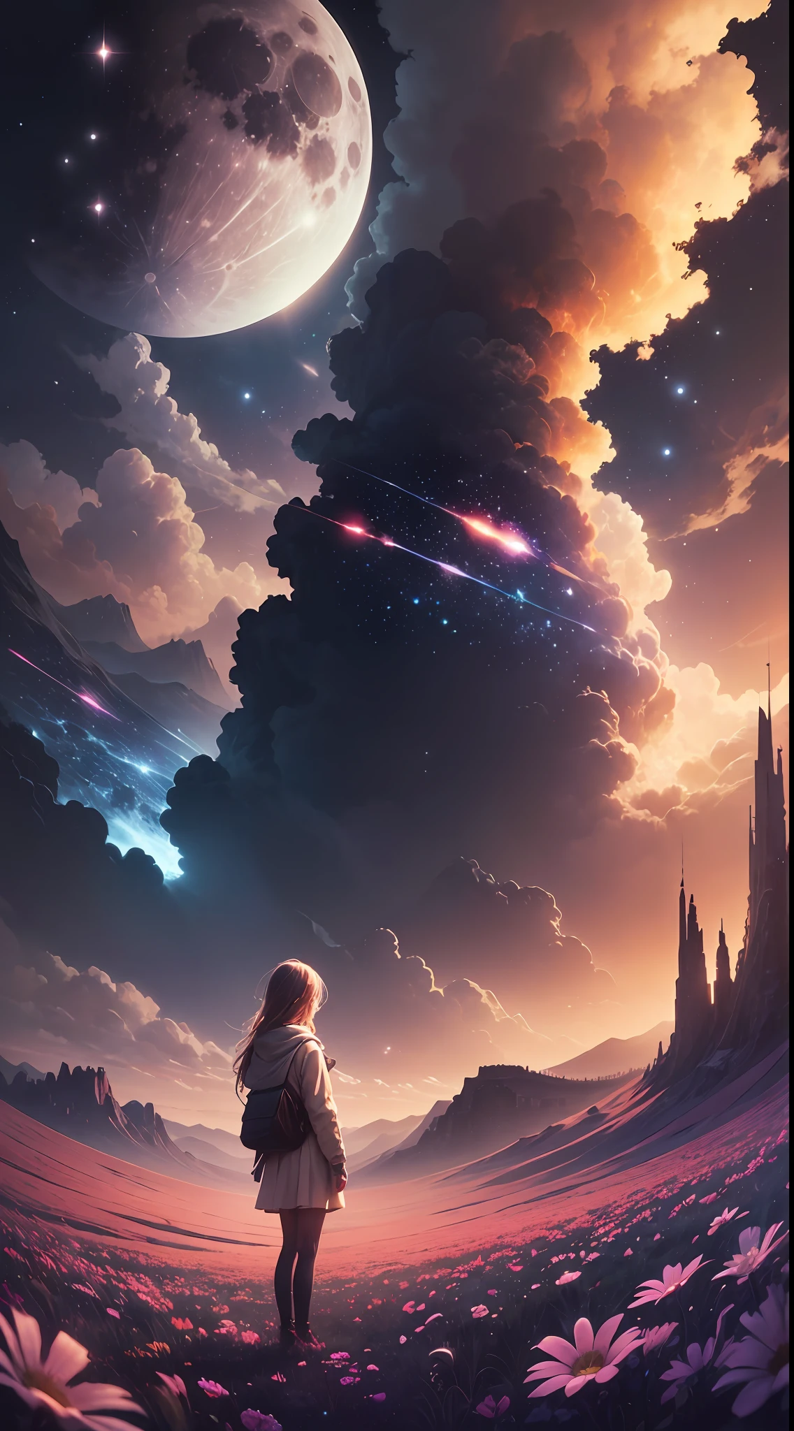 Vast landscape photos, (from below, the sky above, open fields below), a girl standing on a flower field looking up, characters 0.6 (Full Moon: 1.2), (meteors: 0.9), (Nebula: 1.3), distant mountains, trees BREAK Making art, (warm light source: 1.2), (Firef... --auto --s2