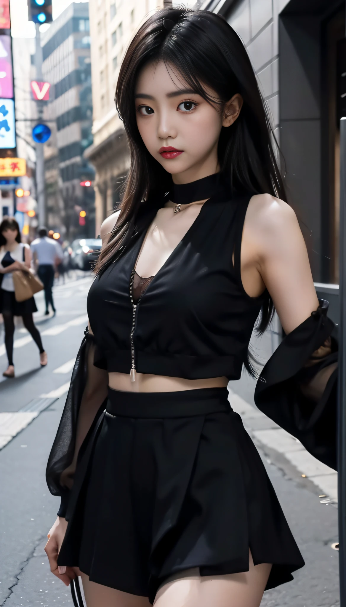 A Korean girl on the street, top wearing a black cropped vest, with a black necklace, wearing a double-layer mesh short skirt, mesh split skirt, wearing black translucent jumpsuits, fluffy hair, delicate face, good-looking eyes, large aperture, looking at you,