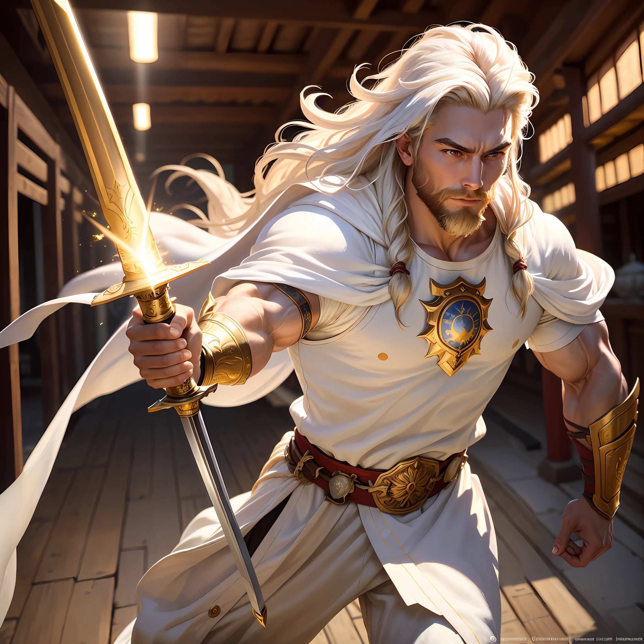 masterpiece, high quality, solo focus, (perfect face: 1.1), (high detail: 1.1), (dramatic, 1.5), (long white hair: 1.3) action photo, strong, 1 muscular man, dressed in imperial prince clothes and golden armor: 1.3, gold jewelry: 1.3, platinum samurai hair: 1.3, holding long sword 1.2), (in a temple, during the day, bright light: 1.3), young man,  messy hair, battle stance, hyper-detailed, digital art, studio quality, smooth rendering, unrealistic rendering of 5 engine, octane rendering, 8K, european man with viking features, white cape, bearded, long beard