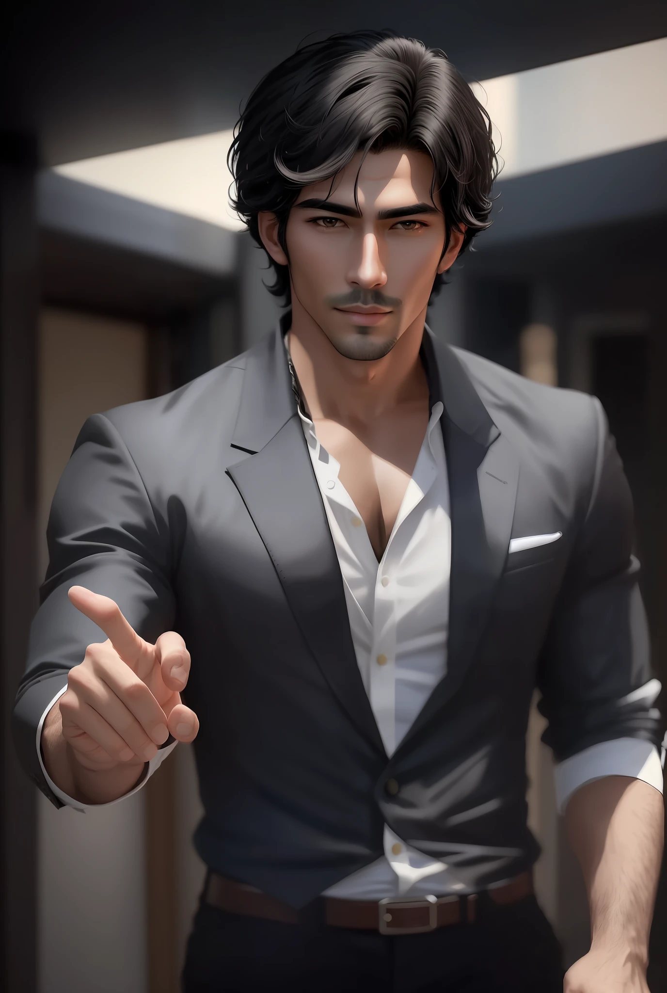 Masterpiece, top quality, black hair, pointing the finger at yourself. Magic. Another world. Handsome. Handsome man. Cool. A man in his 20s.
