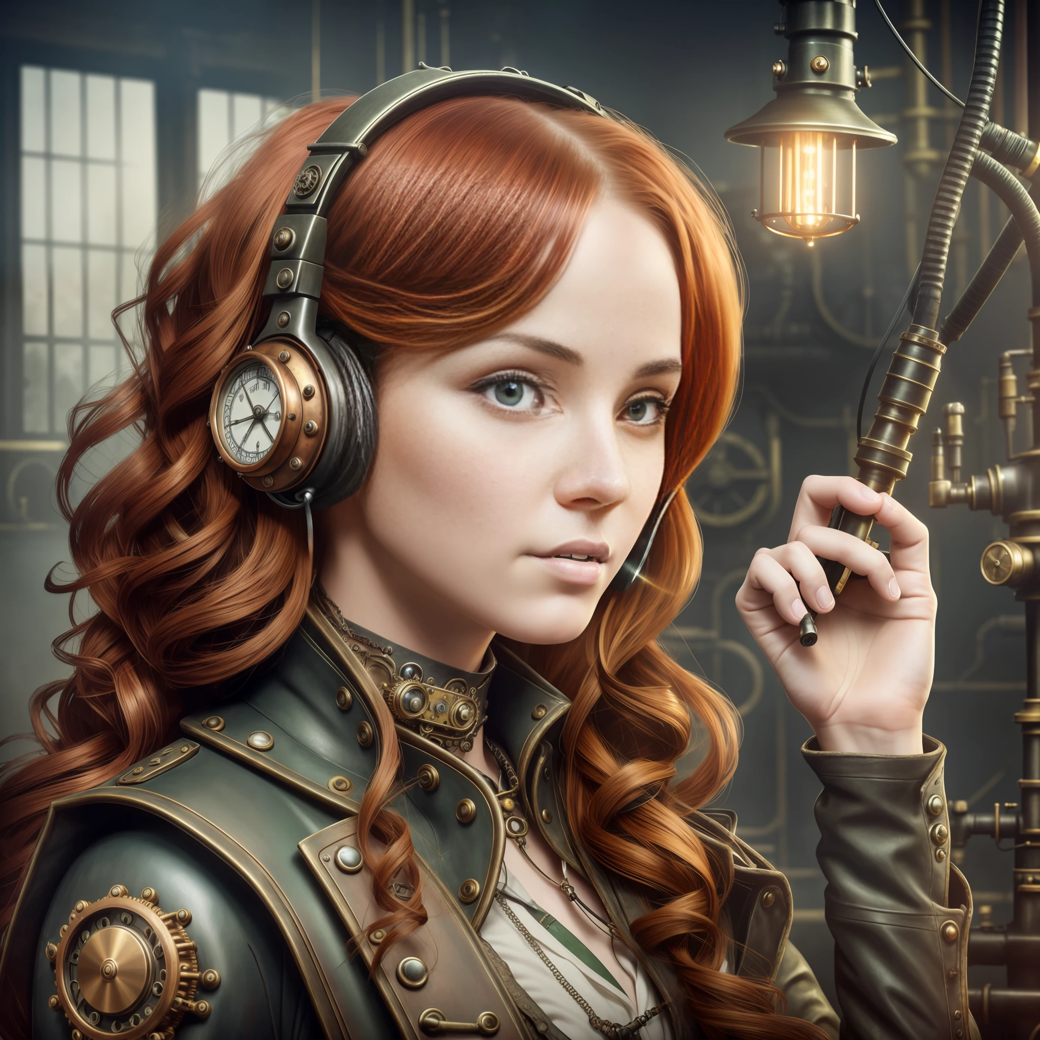 hyper photorealism, very high contrast photograph, street photography, cinematic lighting, dramatic lighting, (a 19 yo girl, (Ana de Armas:0.50), (redhead:1.1)), very cute, (perfect eyes:1.1), photorealistic wavy hair, looking down at her own hand, steampunk jumpsuit, intercom headset, steampunk choker, long leather boots, perfect detailed face, detailed symmetric green eyes with circular iris, fixing a steam engine in the steampunk garage filled with steam and smoke, intricate, hdr, intricate details, detailed, cinematic, cogs and gears, steamy background with lots of steam pipes and steam valves and pressure gauges and gears, realistic, stunning realistic photograph, 3d render, octane render, cinematic, Isometric, Centered, hyperealistic cover photo, awesome full color, 12k, high definition, portrait featured on unsplash, smooth, ultra high definition, 8k, ultra sharp focus, intricate artwork, masterpiece, ominous, epic, highly detailed, warm cinematic, a girl in a light gray uniform sitting on a machine, young girl in steampunk clothes, in a steampunk laboratory, steampunk inventor girl, in a steampunk world, woman in a dark factory, steampunk fantasy style, steampunk , steampunk aesthetic --auto --s2
