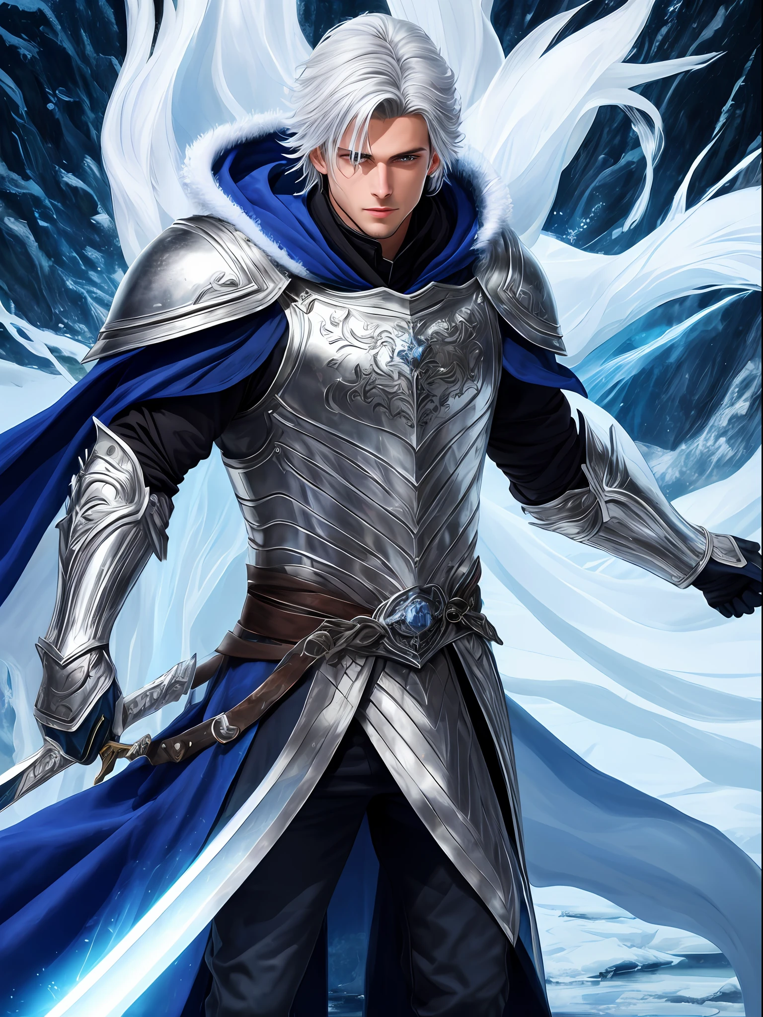 an attractive young man in silver armor with a bright silver curved sword, long indigo robes under the armor with white fur on the edges of the clothes, indigo hood and cape on the shoulders of the armor, cold look, silver hair up to the neck, light blue eyes, ((dynamic angle camera shot))),  dynamic pose, saturated color, Tenebrism style art painting, oil on canvas, ice world background landscape,