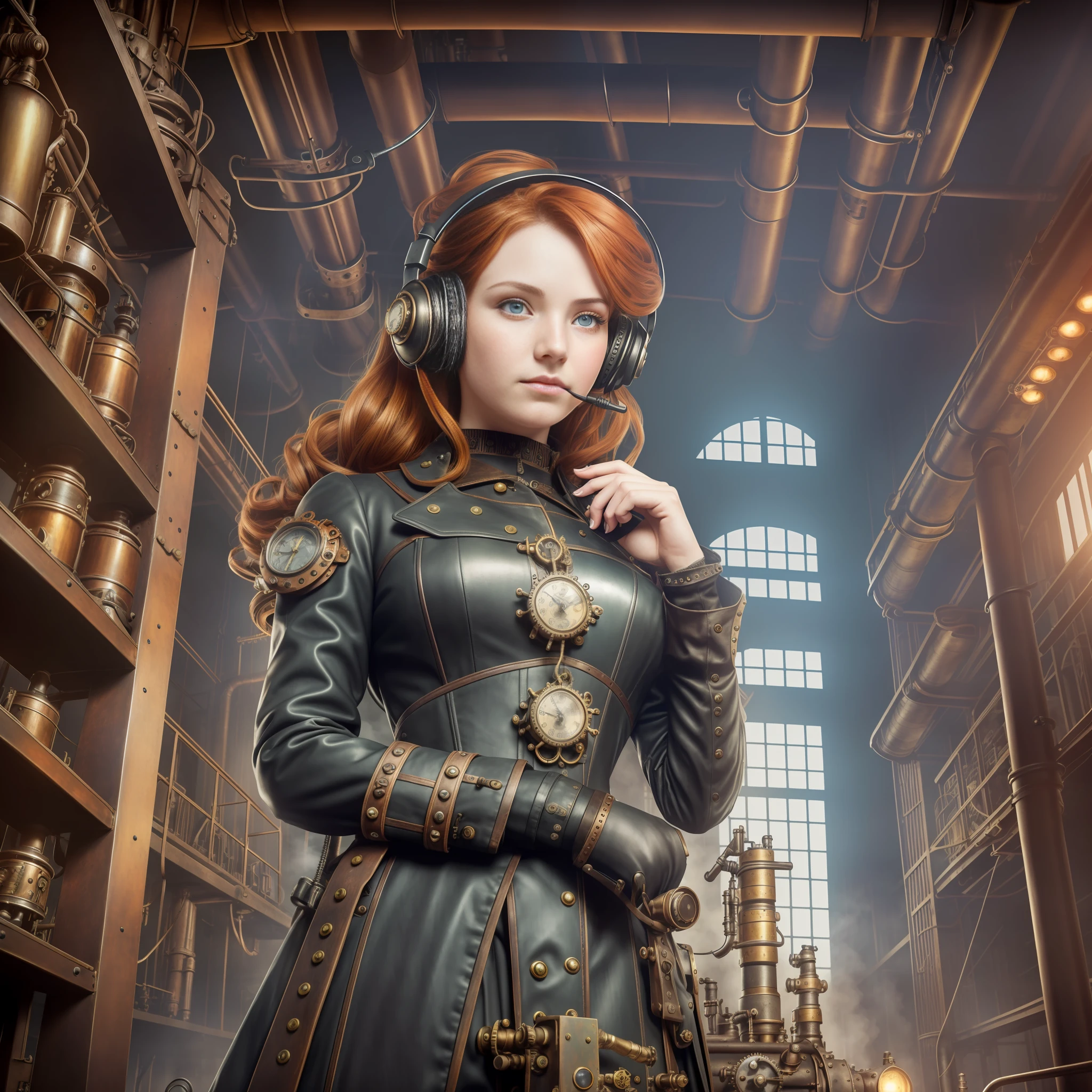 hyper photorealism, very high contrast photograph, street photography, cinematic lighting, dramatic lighting, (a 19 yo girl, (Ana de Armas:0.50), (redhead:1.1)), very cute, (perfect eyes:1.1), photorealistic wavy hair, looking down at her own hand, steampunk jumpsuit, intercom headset, steampunk choker, long leather boots, perfect detailed face, detailed symmetric green eyes with circular iris, fixing a steam engine in the steampunk garage filled with steam and smoke, intricate, hdr, intricate details, detailed, cinematic, cogs and gears, steamy background with lots of steam pipes and steam valves and pressure gauges and gears, realistic, stunning realistic photograph, 3d render, octane render, cinematic, Isometric, Centered, hyperealistic cover photo, awesome full color, 12k, high definition, portrait featured on unsplash, smooth, ultra high definition, 8k, ultra sharp focus, intricate artwork, masterpiece, ominous, epic, highly detailed, warm cinematic, a girl in a light gray uniform sitting on a machine, young girl in steampunk clothes, in a steampunk laboratory, steampunk inventor girl, in a steampunk world, woman in a dark factory, steampunk fantasy style, steampunk , steampunk aesthetic --auto --s2