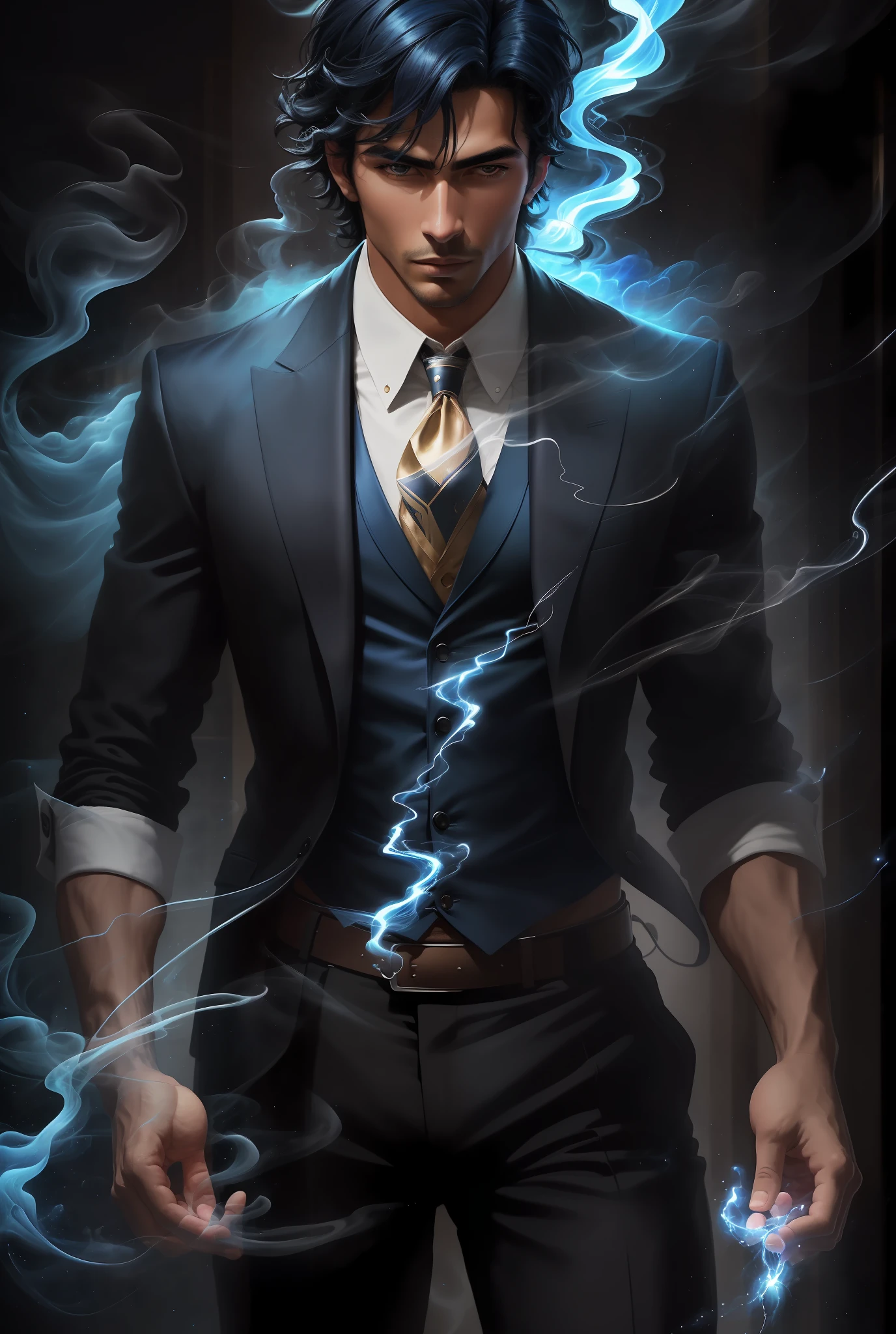 Masterpiece, top quality, black hair, blue lightning, pointing the finger at yourself. Magic. Another world. Blue smoke billows. Handsome. Handsome man. Cool. A man in his 20s.