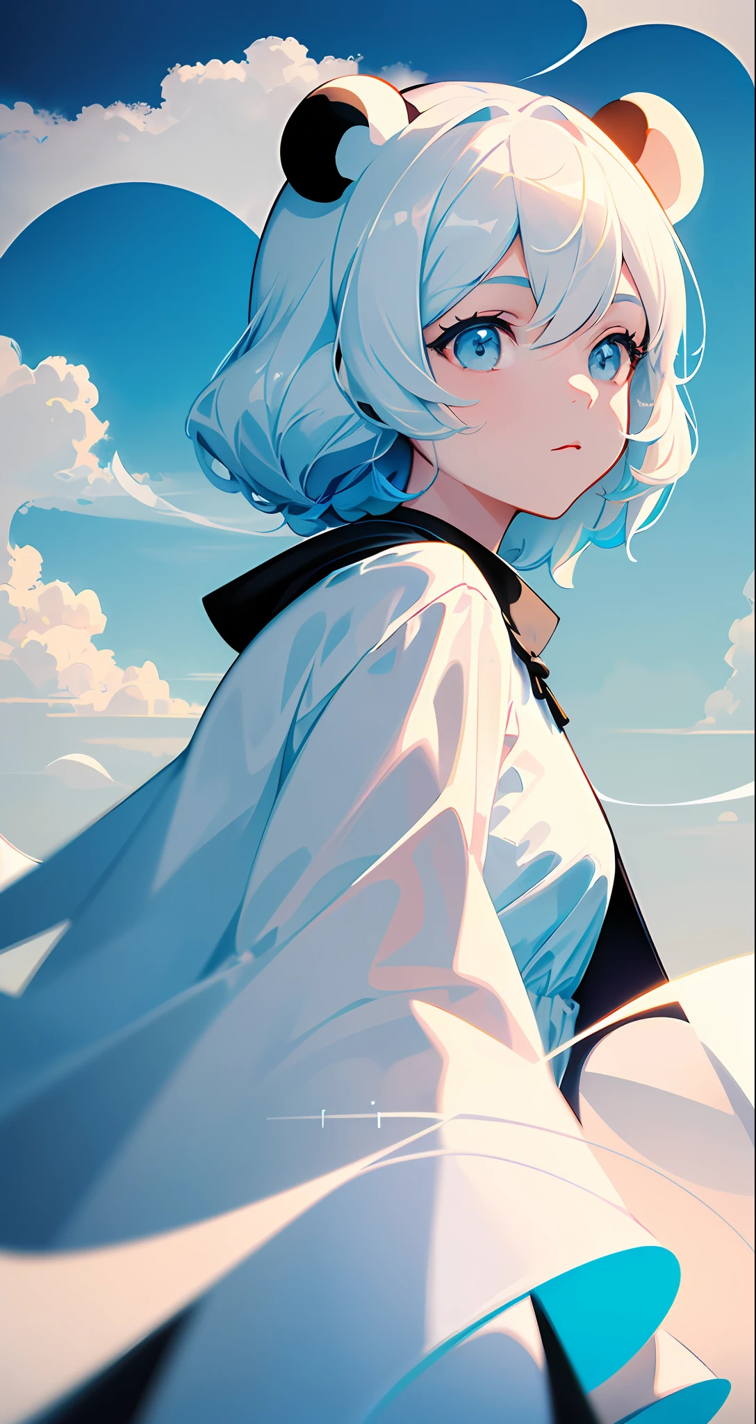 masterpiece, top quality, cinematic stills, one girl, floating in the sky, cloud girl, clouds, (close-up: 1.1), bright, happy, fun, soft lighting, (Bauhaus, shape, line, abstract: 1.1), panda ears