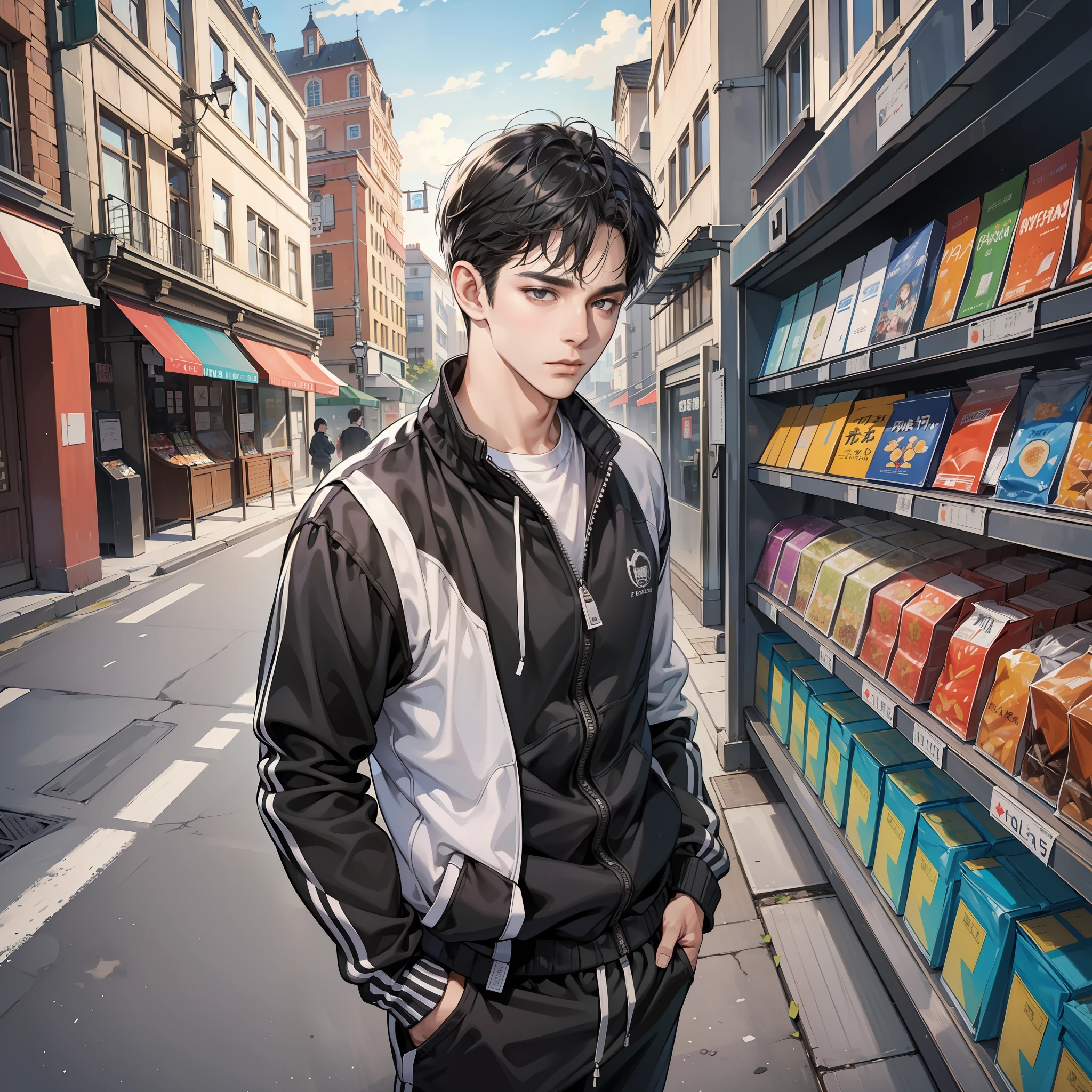 Masterpiece, high quality, best quality, HD, realistic, perfect lighting, detailed face, detailed body, 1 man, short black hair, black tracksuit, (innocent expression: 1.5) (face innocent: 1.5), standing in front of convenience store, street