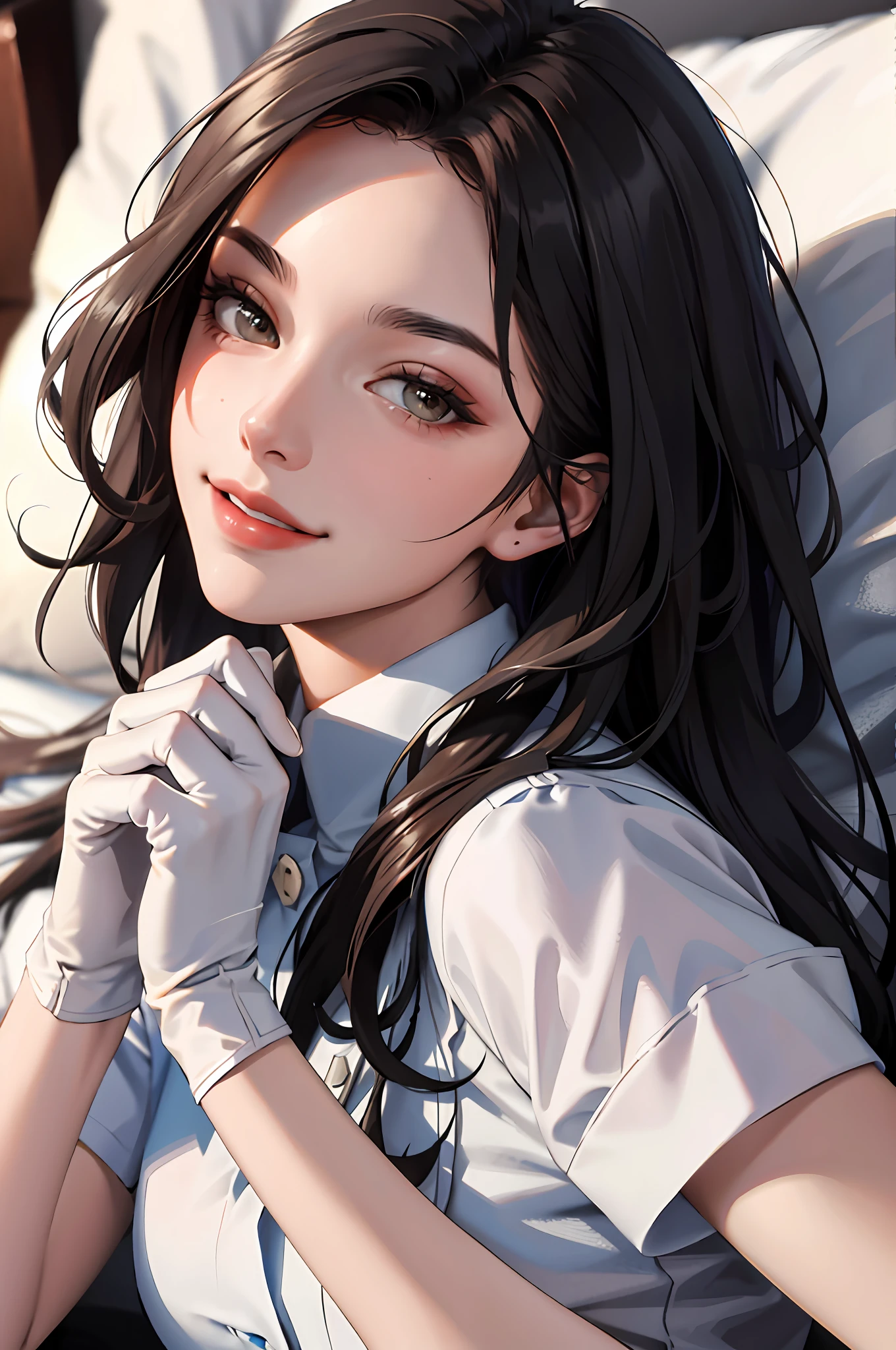 (Masterpiece: 1.2, highest quality), (real photo, fine detail), one woman, alone, nurse's outfit, short gloves, gloves with one hand pulling the other, upper body, casual, long hair, simple makeup, natural fabric, close-up, smile, family, lying on bed, looking at the camera, extreme close-up)