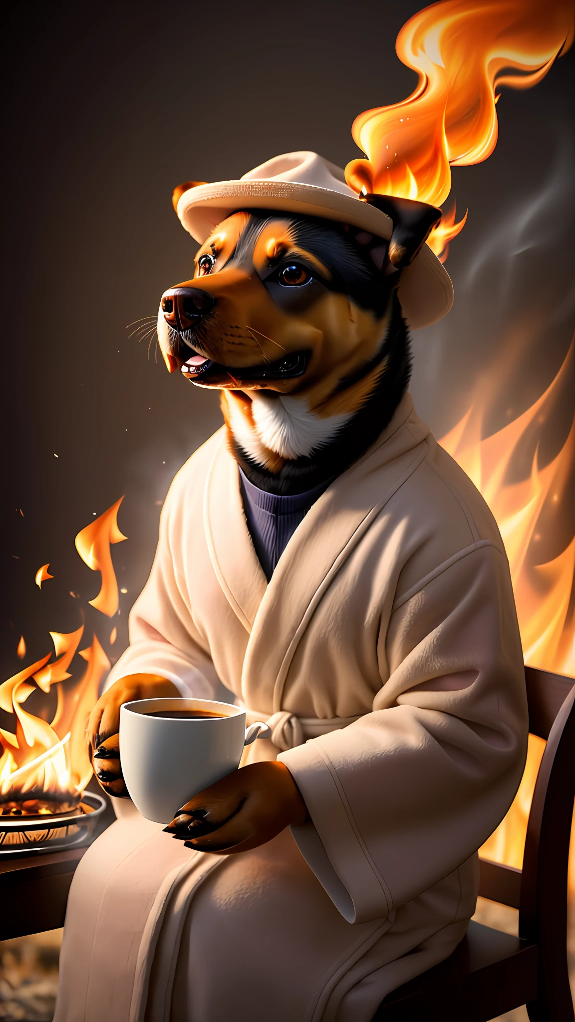 (best quality:1.23), (masterpiece:1.12), (realistic:1.24), (anthropomorphic dog:1.5) holding a coffee cup, sitting, in a robe, eating breakfast and holding a coffee cup, hat, particles, volumetric lighting, room burn down, ground and chair on fire, lots of gadgets and equipment on fire, smoke, (flames all around:1.2),