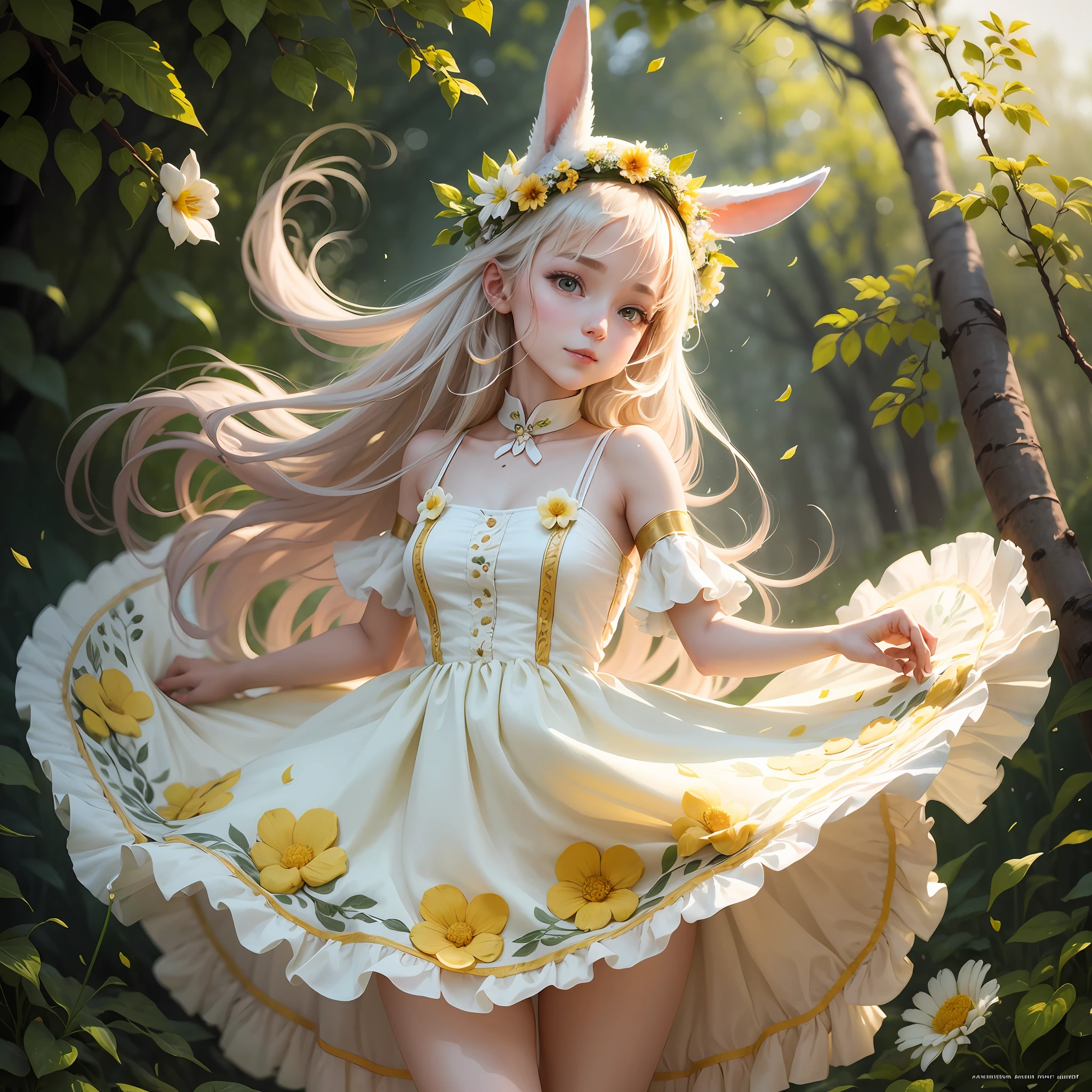 The rabbit has been cultivated into a human form, with a slender and slender posture, soft hair, and an amazing white luster. She wore a pale yellow dress with delicate patterns embroidered on the dress, exuding a fresh and natural atmosphere. He wears a garland with various flowers on his head, making people feel the breath of spring. Her eyes are bright and gentle, as if she can make the softness of people's hearts feel warm. Her body is light and agile, and she jumps like a dancer, making people can't help but dance along. Although she has cultivated her human form, she still retains the cuteness and innocence of a rabbit, making people feel a sense of joy and vitality. She is a beautiful and cute rabbit, showing the most charming side of the rabbit, pleasant mood, clear details, clear fingers, ultra clear, retina, clear details, clear fingers, ultra clear, retina --auto --s2