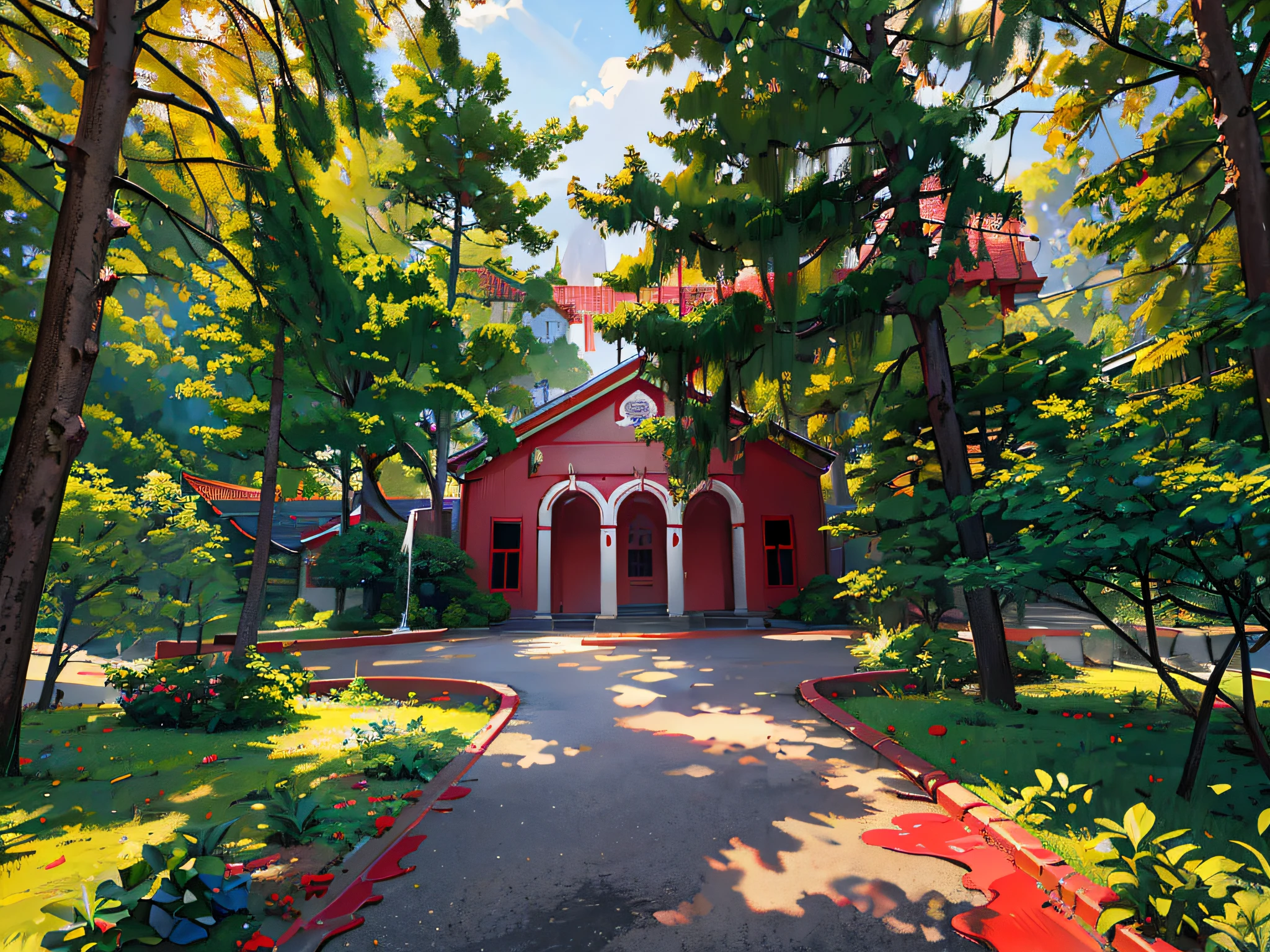 painting of a red church with a red roof and a red walkway, made with anime painter studio, studio ghibli sunlight, painted in anime painter studio, studio ghibli environment, ghibli studio style, realistic anime 3 d style, atey ghailan 8 k, alexey egorov, rendered in lumion pro, detailed scenery —width 672, highly detailed digital painting