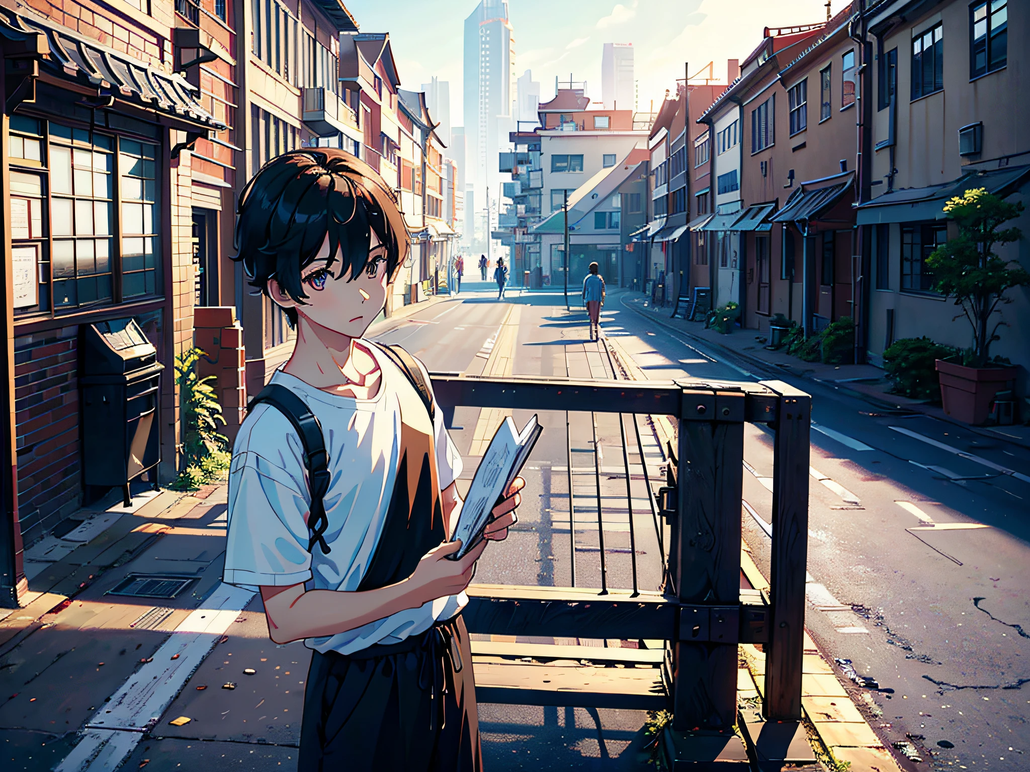 The protagonist is a boy, outside, a boy standing, holding a file bag, holding an exam paper, the background is a crowd and school buildings, the male classmate is wearing a white T-shirt with short black hair, the male classmate looks at the camera, the lens is mainly characterized by the upper body, in the Loepfe art style ((Xinhaicheng), popular in CGStation, Xinhaicheng H 2160, inspired by Bian Shoumin, Xinhaicheng, Kavasi, Guwitz's style, high-quality pictures, 4K, 8K, resolution,